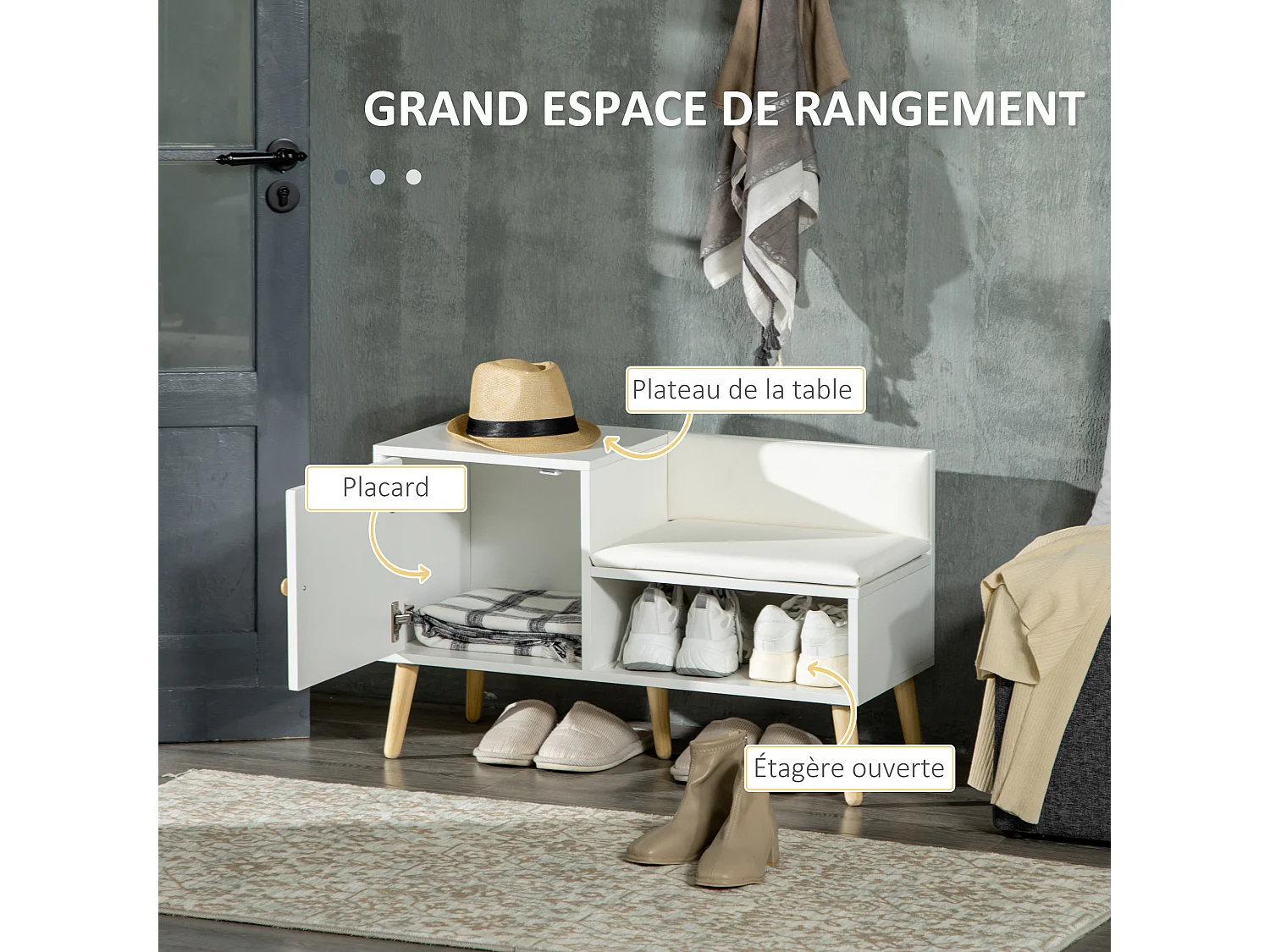 Banc meuble à chaussures 2 en 1 style scandinave - porte, niche, étagère - bois pin blanc