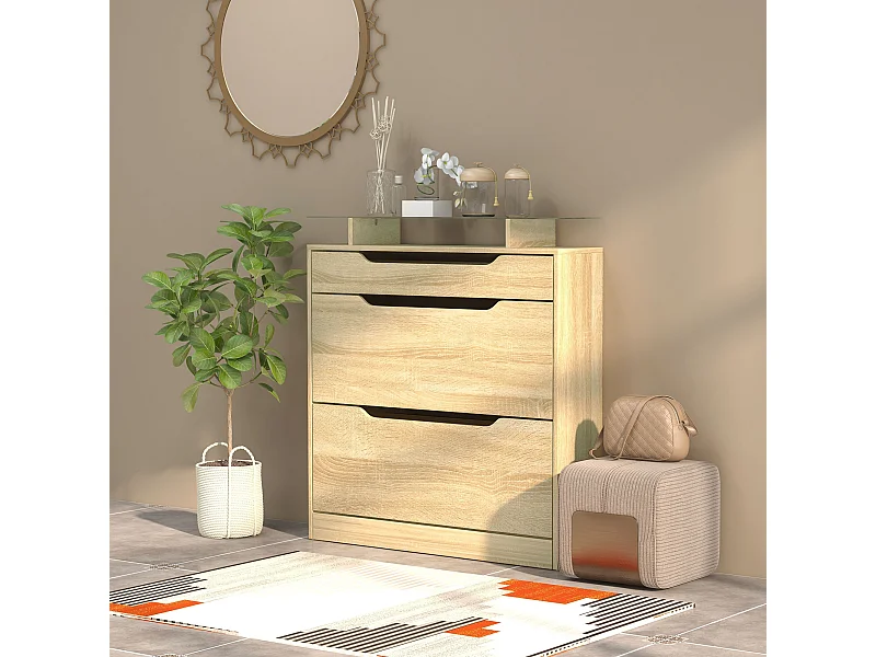 Armoire à chaussures avec 2 tiroirs rabattables + 1 tiroir coulissant + 1 comptoir et 1 plateau en verre étagère réglable sur 2 niveaux 89 x 23 x 96 cm effet bois