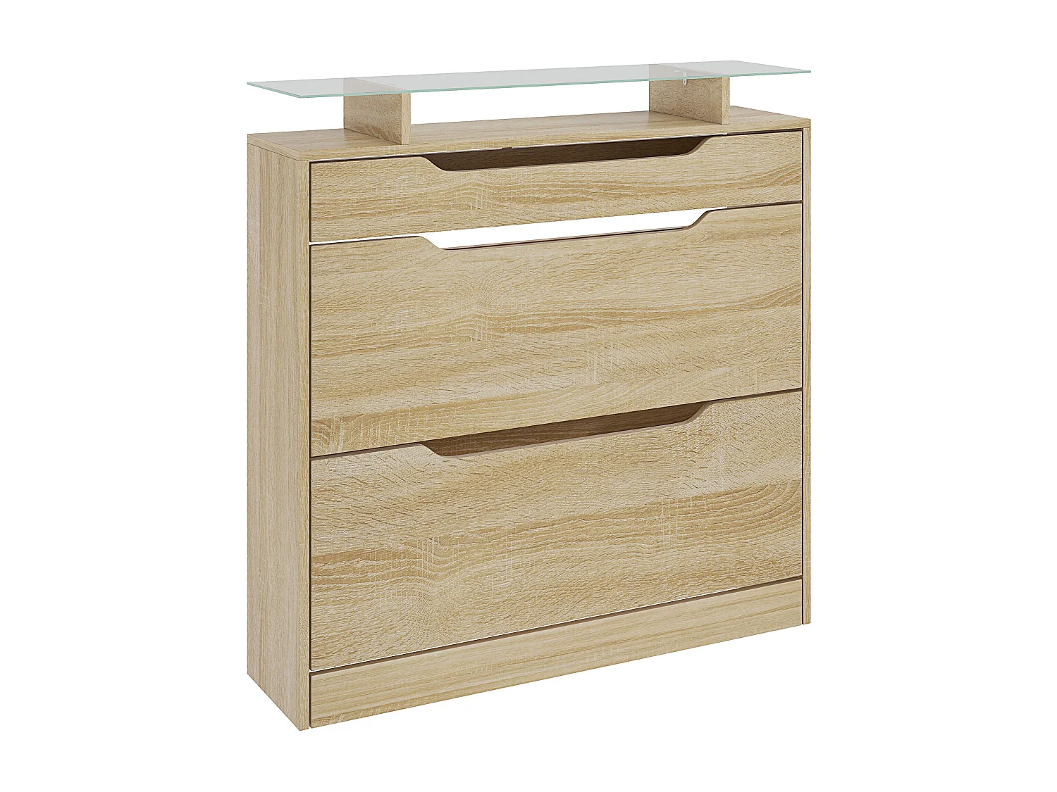 Armoire à chaussures avec 2 tiroirs rabattables + 1 tiroir coulissant + 1 comptoir et 1 plateau en verre étagère réglable sur 2 niveaux 89 x 23 x 96 cm effet bois