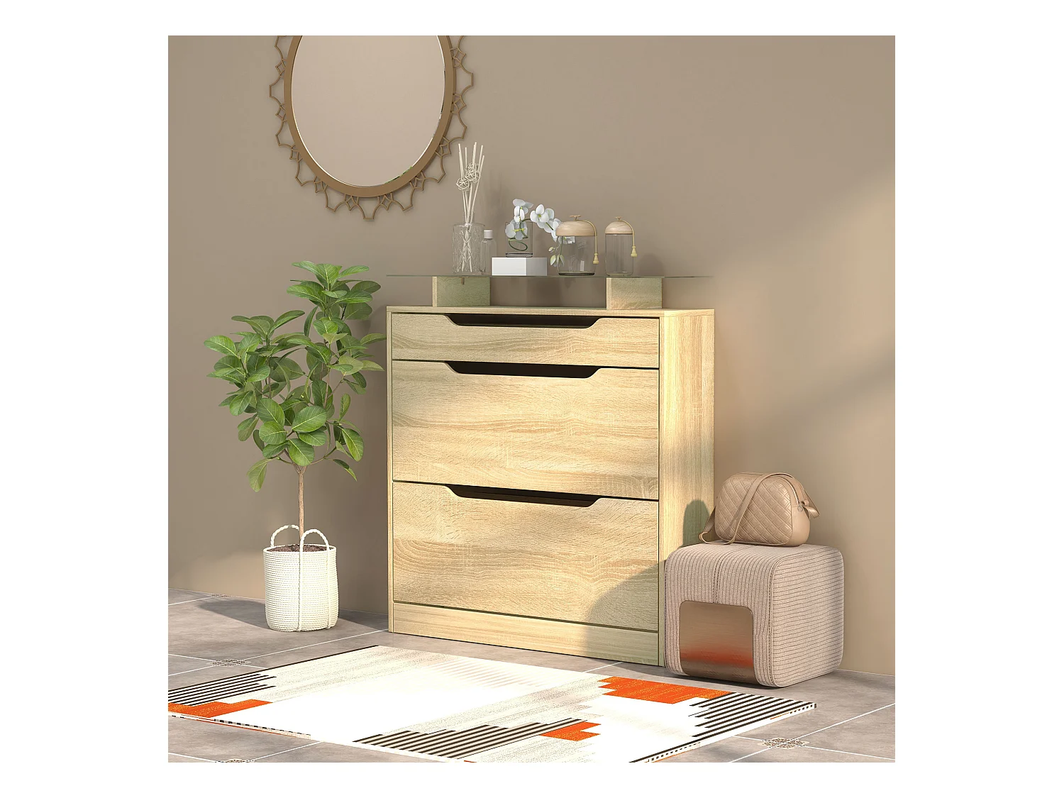 Armoire à chaussures avec 2 tiroirs rabattables + 1 tiroir coulissant + 1 comptoir et 1 plateau en verre étagère réglable sur 2 niveaux 89 x 23 x 96 cm effet bois