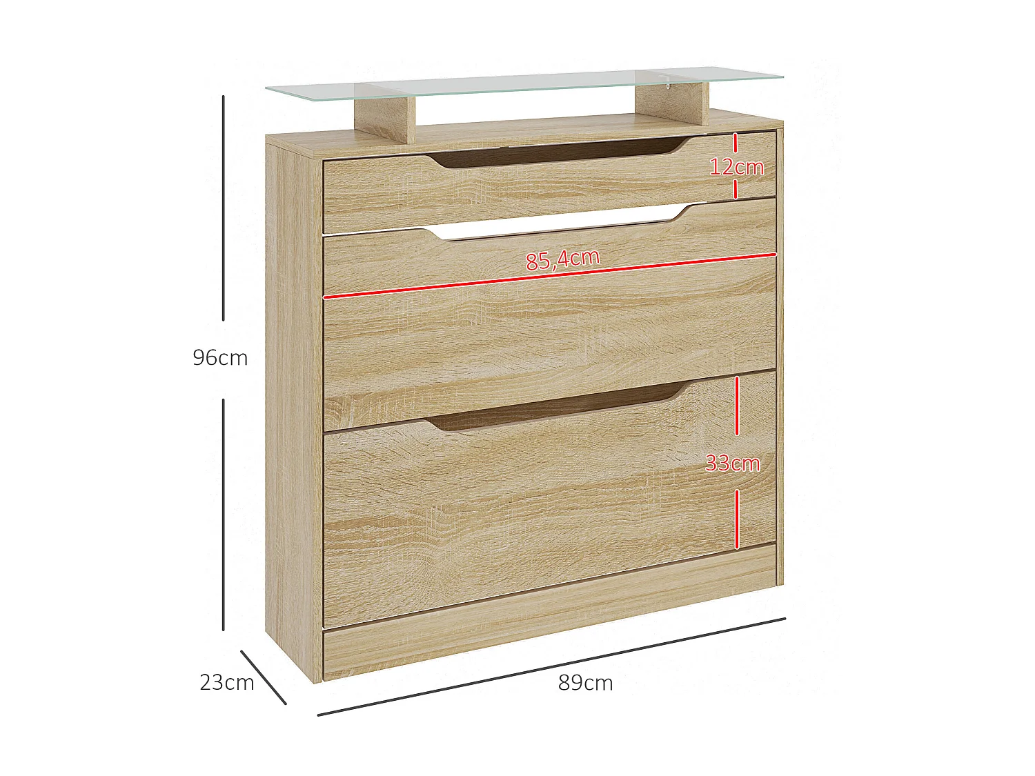 Armoire à chaussures avec 2 tiroirs rabattables + 1 tiroir coulissant + 1 comptoir et 1 plateau en verre étagère réglable sur 2 niveaux 89 x 23 x 96 cm effet bois