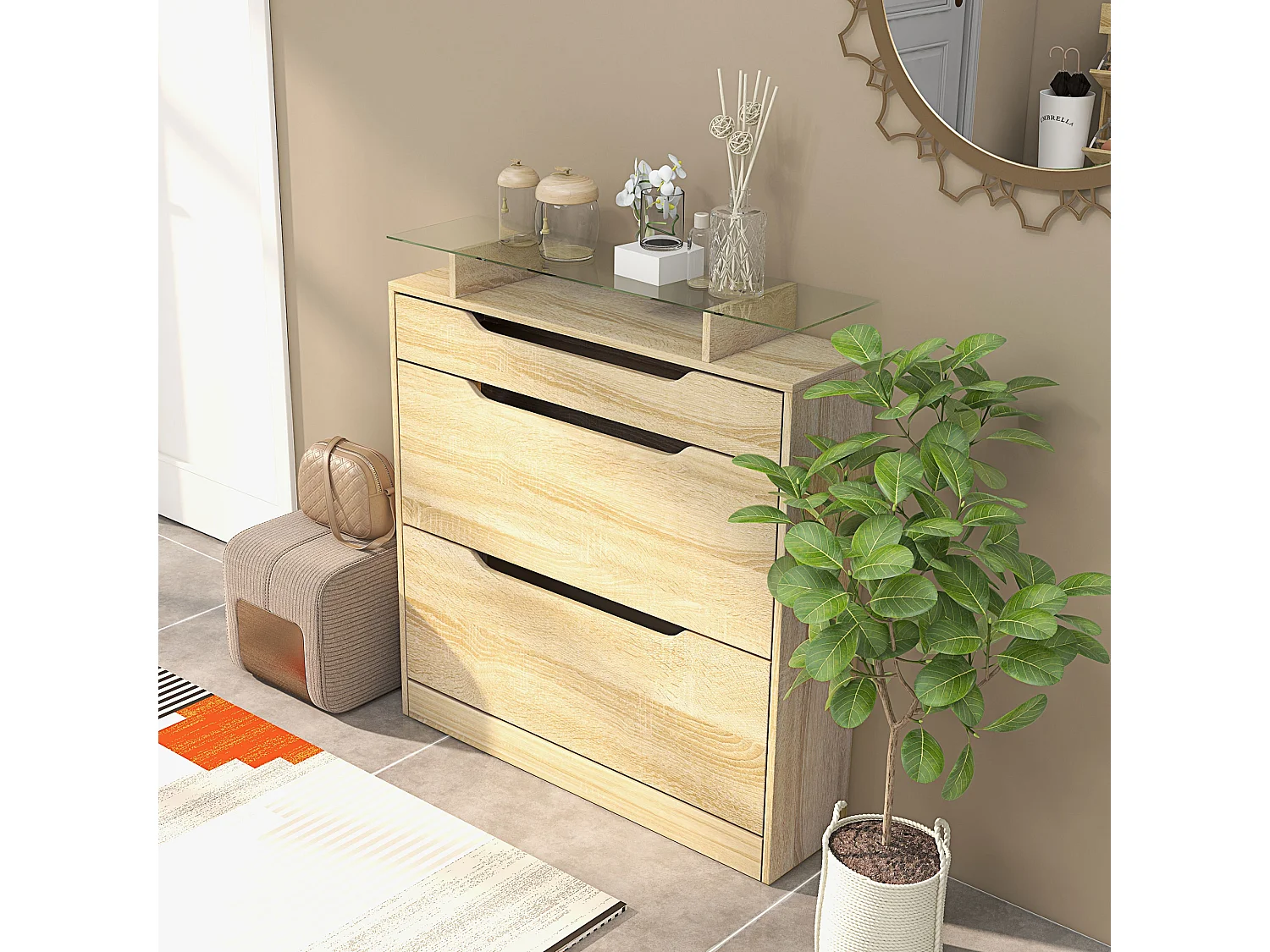 Armoire à chaussures avec 2 tiroirs rabattables + 1 tiroir coulissant + 1 comptoir et 1 plateau en verre étagère réglable sur 2 niveaux 89 x 23 x 96 cm effet bois