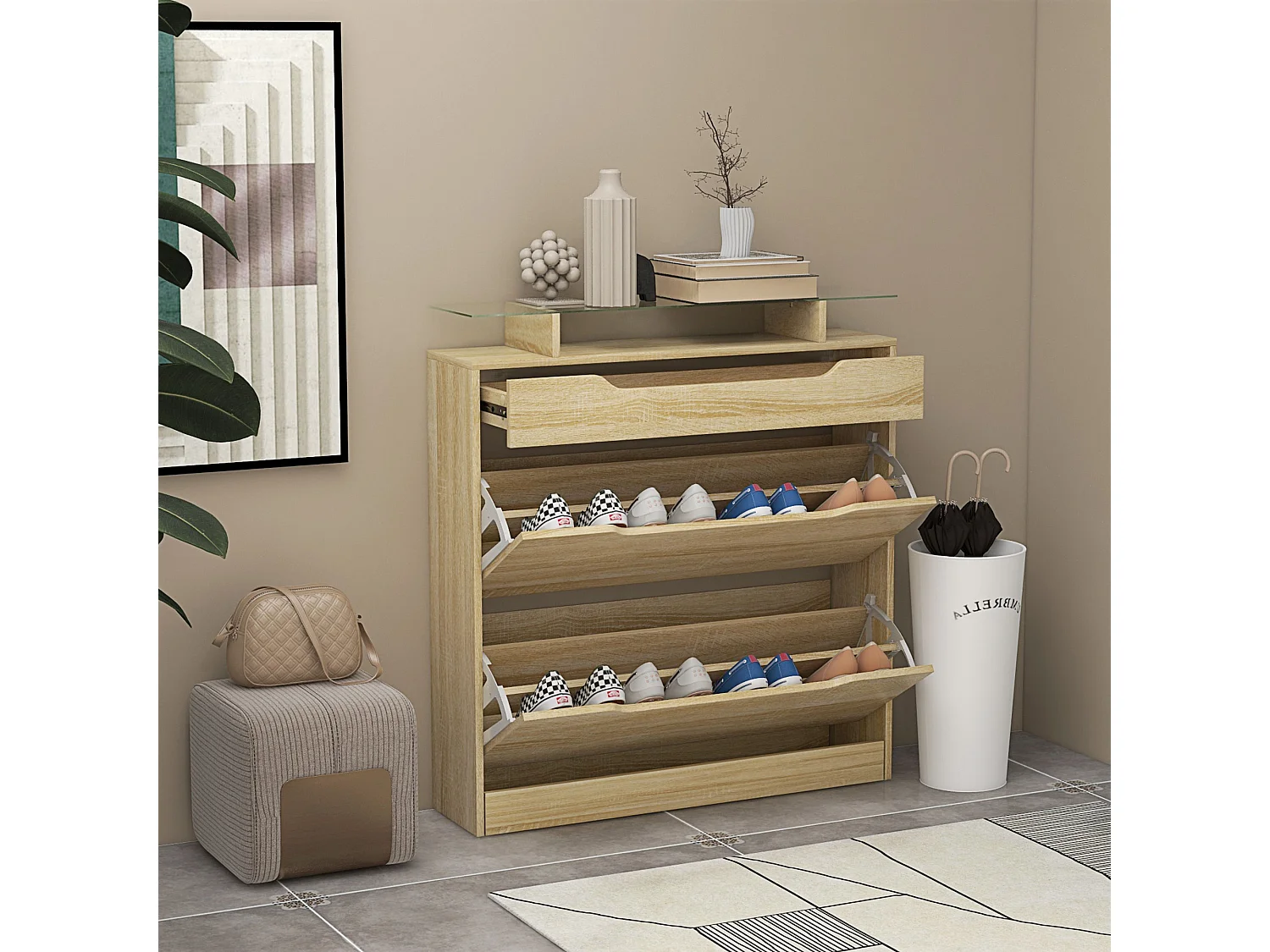 Armoire à chaussures avec 2 tiroirs rabattables + 1 tiroir coulissant + 1 comptoir et 1 plateau en verre étagère réglable sur 2 niveaux 89 x 23 x 96 cm effet bois