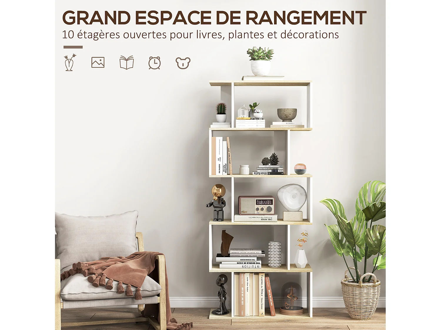 Bibliothèque design contemporain zig zag 5 étagères 6 niv. dim. 70L x 29l x 163H cm aspect bois blanc