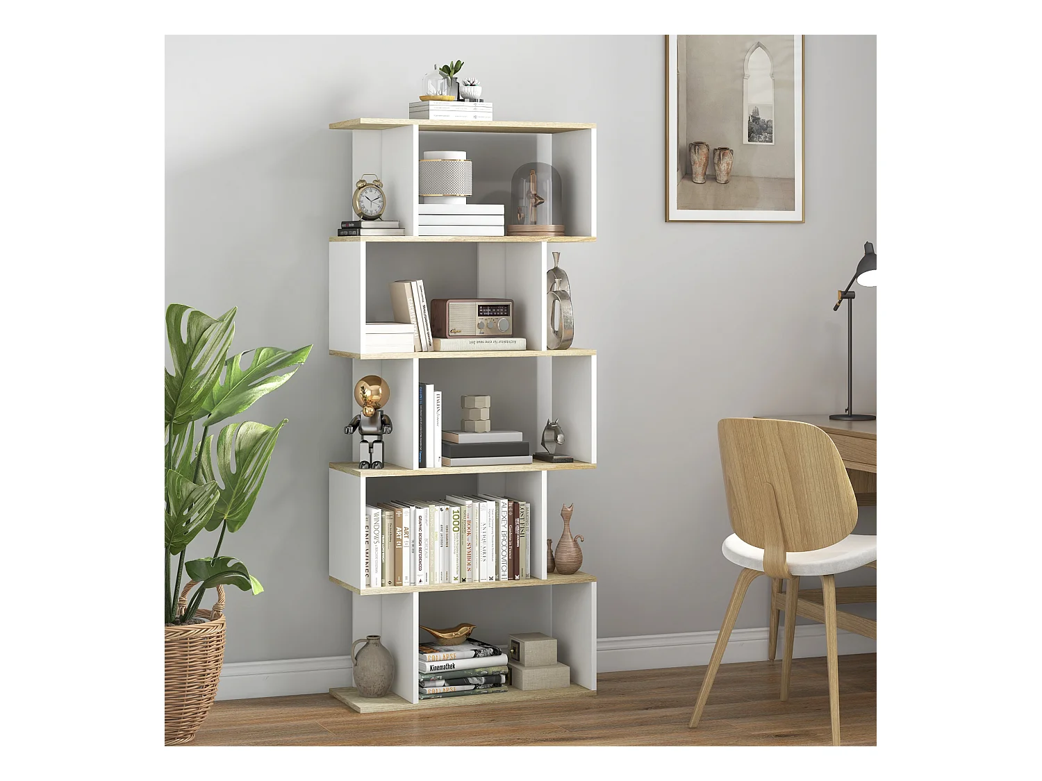 Bibliothèque design contemporain zig zag 5 étagères 6 niv. dim. 70L x 29l x 163H cm aspect bois blanc
