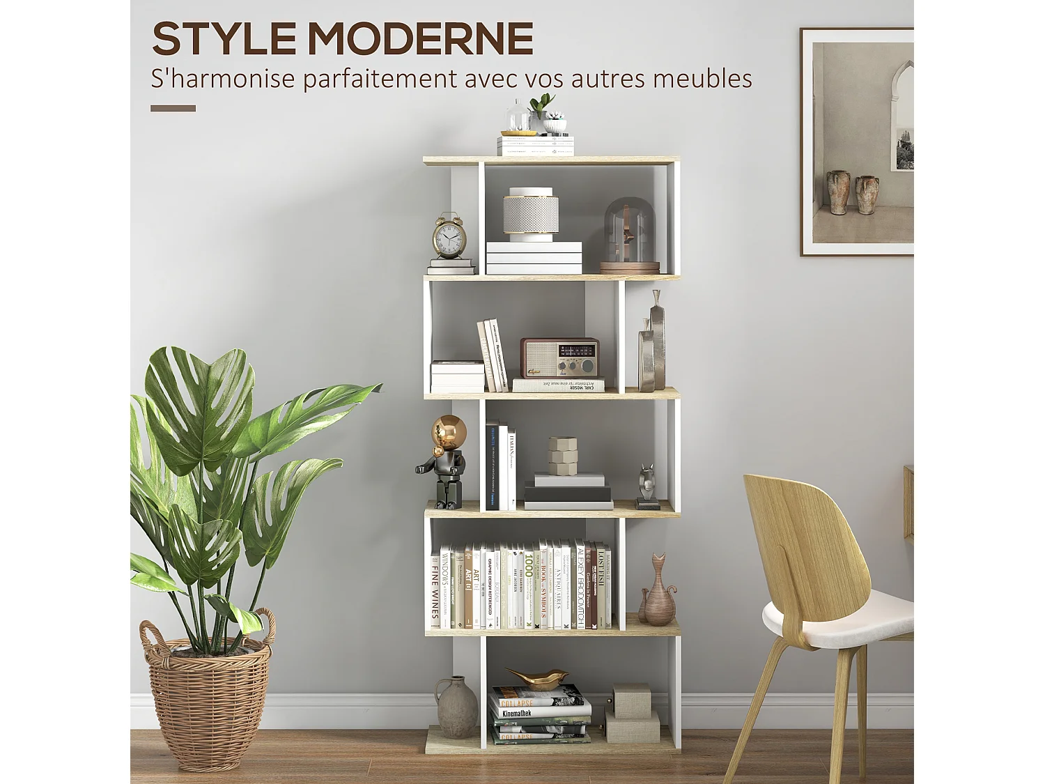 Bibliothèque design contemporain zig zag 5 étagères 6 niv. dim. 70L x 29l x 163H cm aspect bois blanc