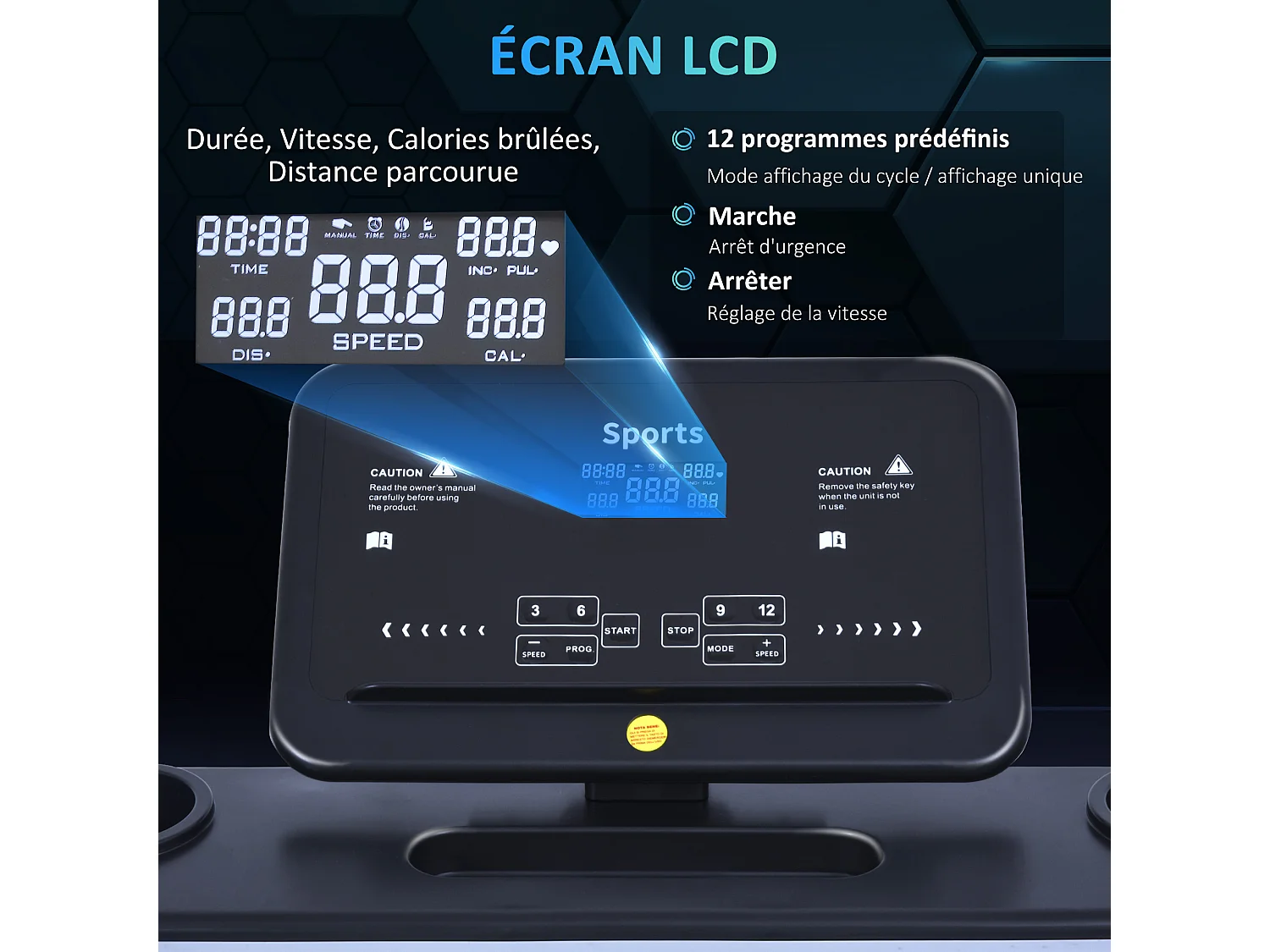 Tapis de course pliable - collaboration Aosom.fr x FFHandball - 1-12 Km/h 500 W écran LCD 12 programmes noir