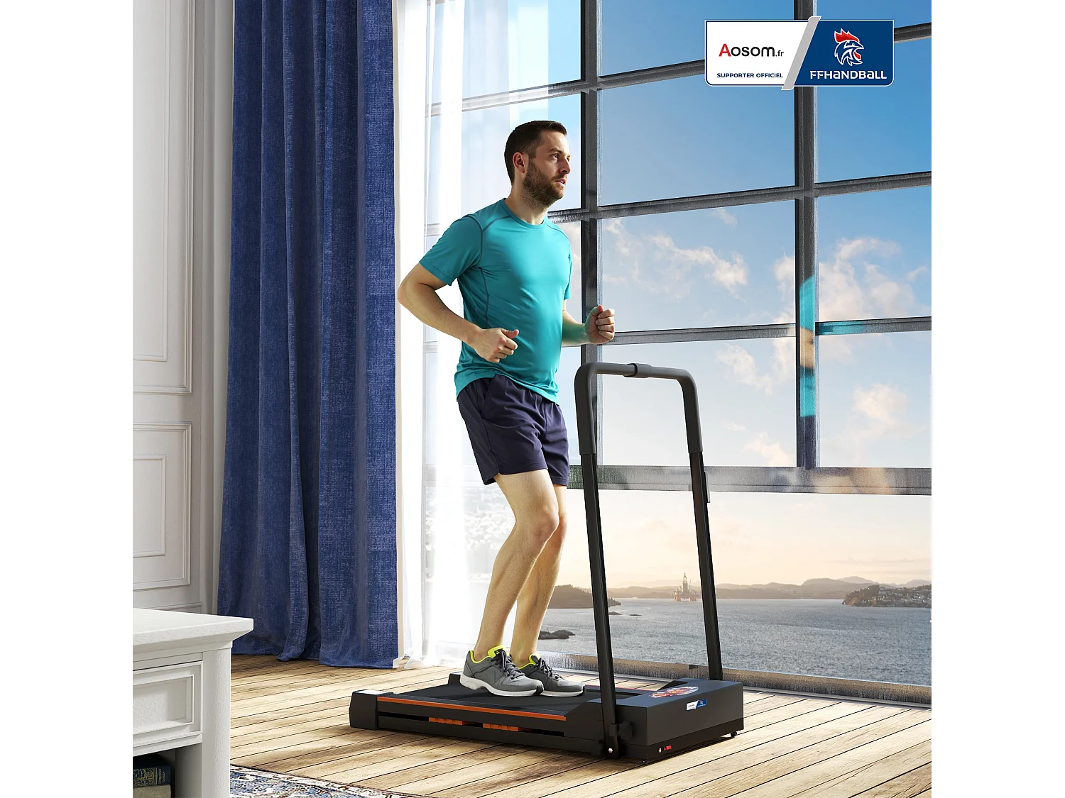 Tapis de course pliable - tapis de marche 6 Km/h max. 370 W - collaboration Aosom.fr x FFHandball - orange noir