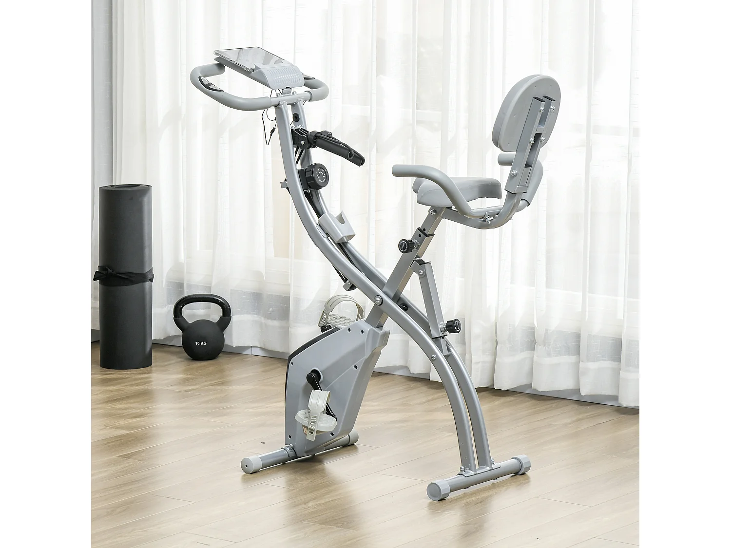 Vélo d'appartement pliant 8 niveaux de réitance magnétique doier elle réglable poignée ergonomique écran LCD multifonction upenion upport tablette acier gri