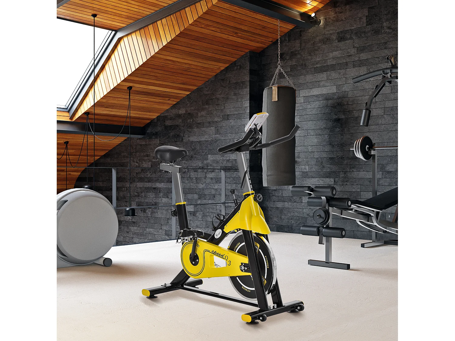 Vélo d'appartement vélo biking cardio écran LCD multifonctions selle guidon réglables acier noir jaune