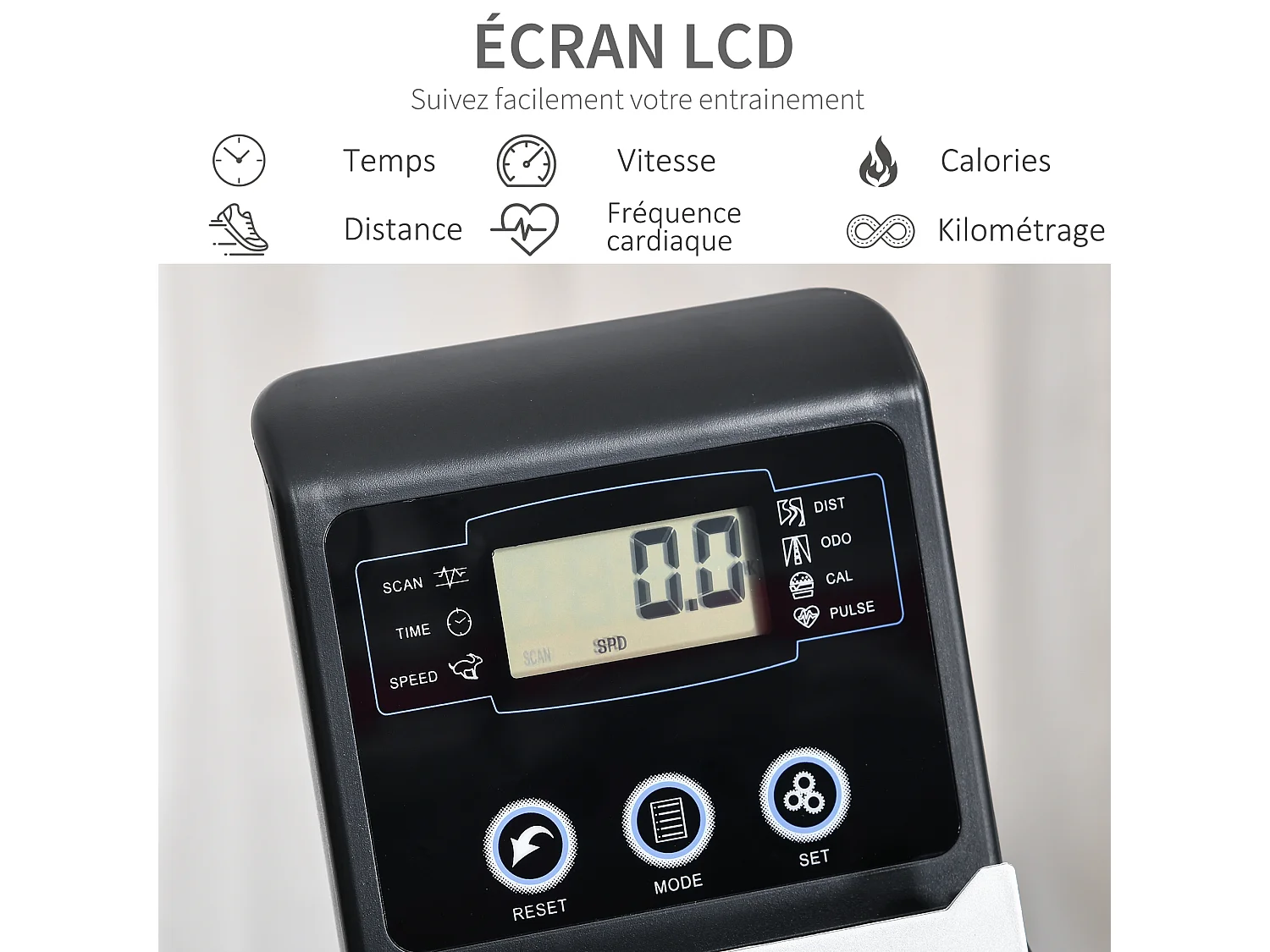 Vélo d'appartement semi-allongé magnétique écran LCD multifonction siège résistance réglable volant inertie 3 Kg gris