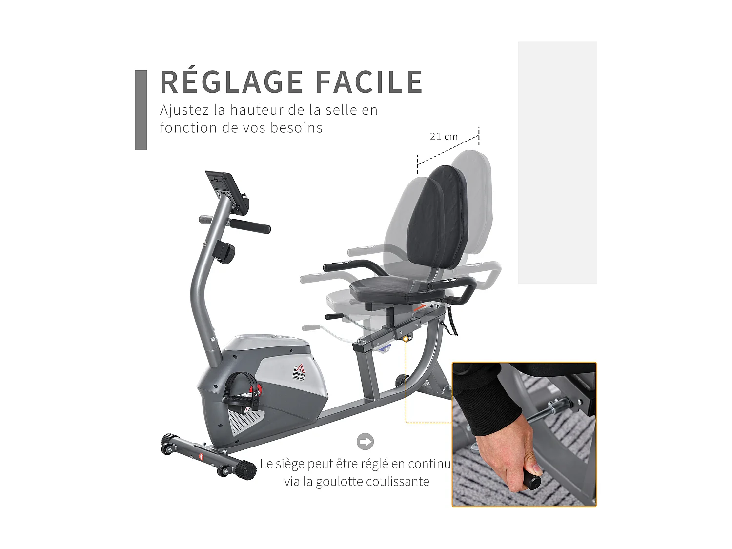 Vélo d'appartement semi-allongé magnétique écran LCD multifonction siège résistance réglable volant inertie 3 Kg gris