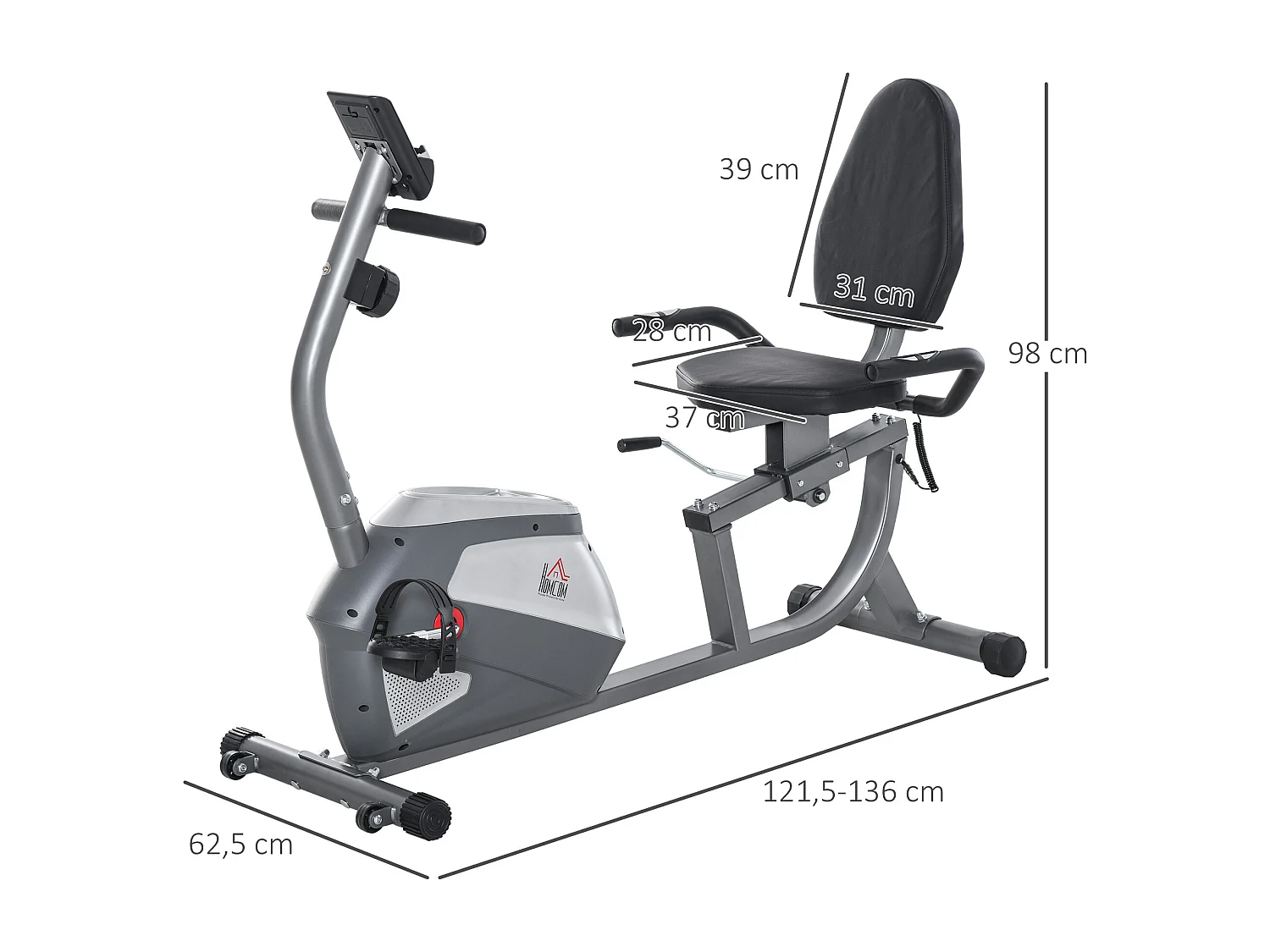 Vélo d'appartement semi-allongé magnétique écran LCD multifonction siège résistance réglable volant inertie 3 Kg gris