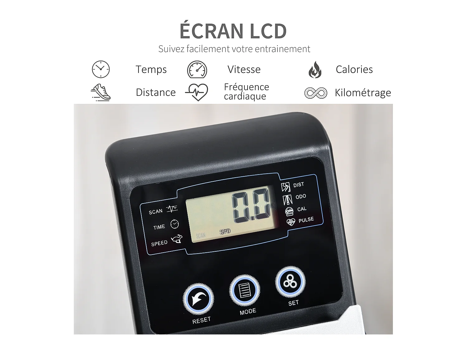 Vélo d'appartement semi-allongé magnétique écran LCD multifonction siège résistance réglable volant inertie 3 Kg gris