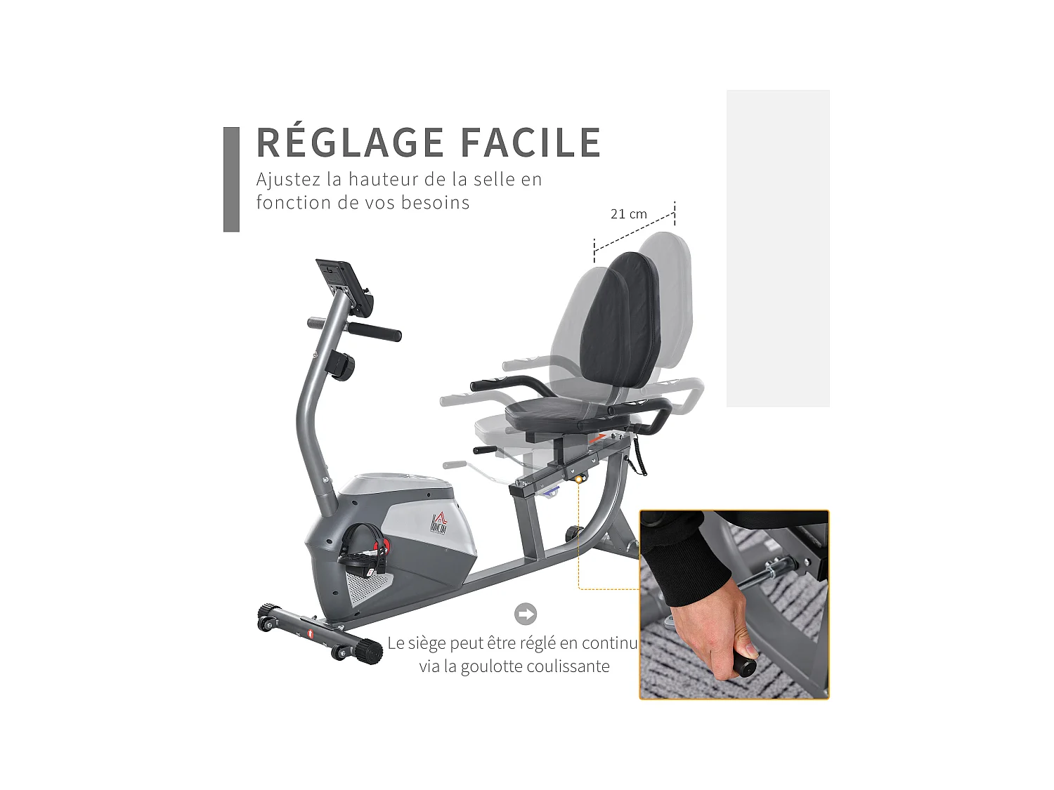 Vélo d'appartement semi-allongé magnétique écran LCD multifonction siège résistance réglable volant inertie 3 Kg gris