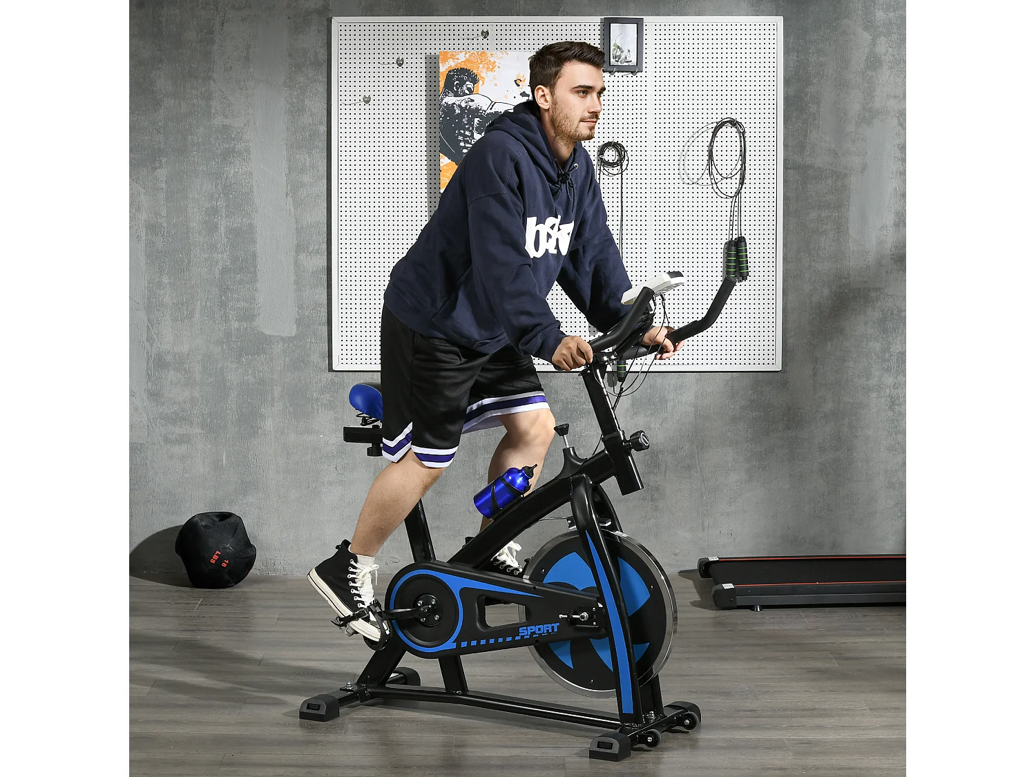 Vélo d'appartement cardio - vélo biking - écran LCD multifonction, selle, guidon réglable, volant inertie 8 Kg - acier bleu noir