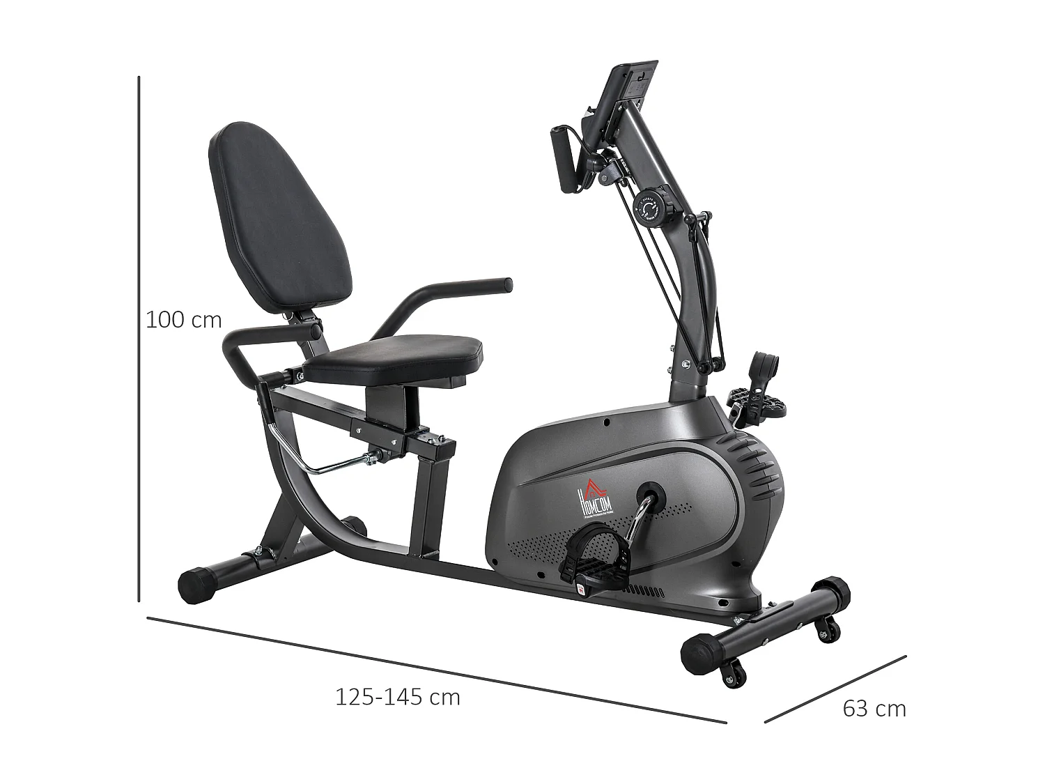 Vélo d'appartement semi-allongé magnétique écran LCD multifonction selle réglable 2 bandes résistance acier noir