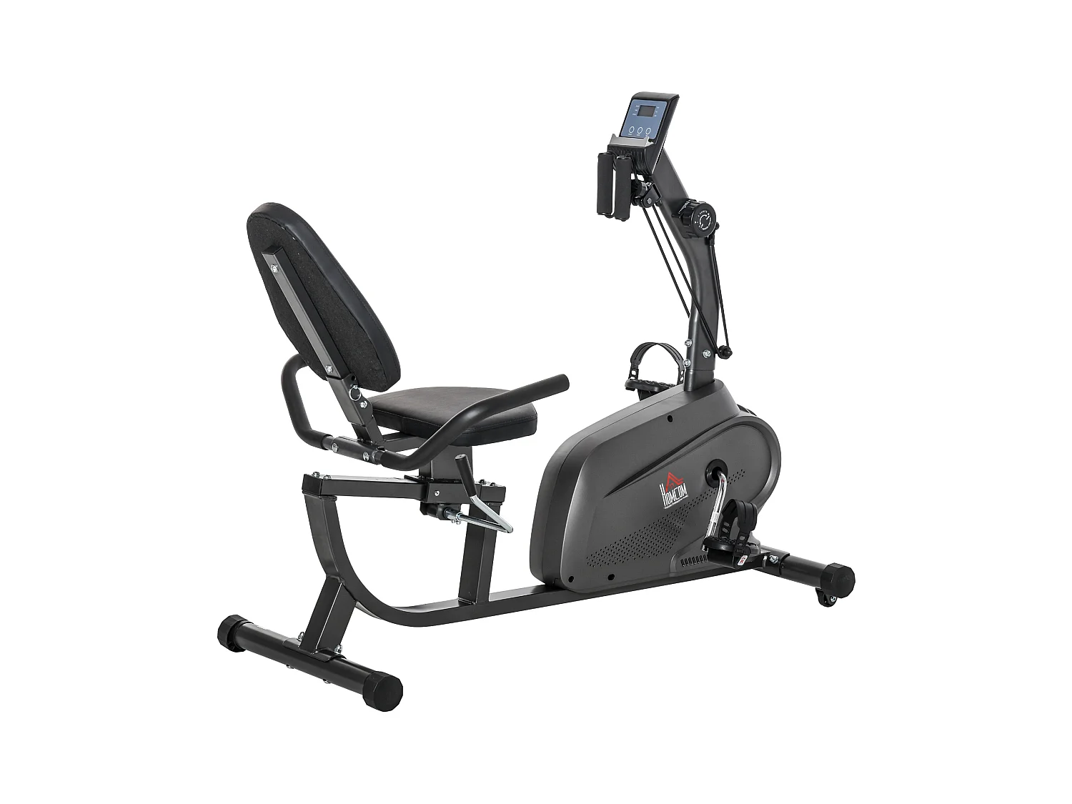 Vélo d'appartement semi-allongé magnétique écran LCD multifonction selle réglable 2 bandes résistance acier noir
