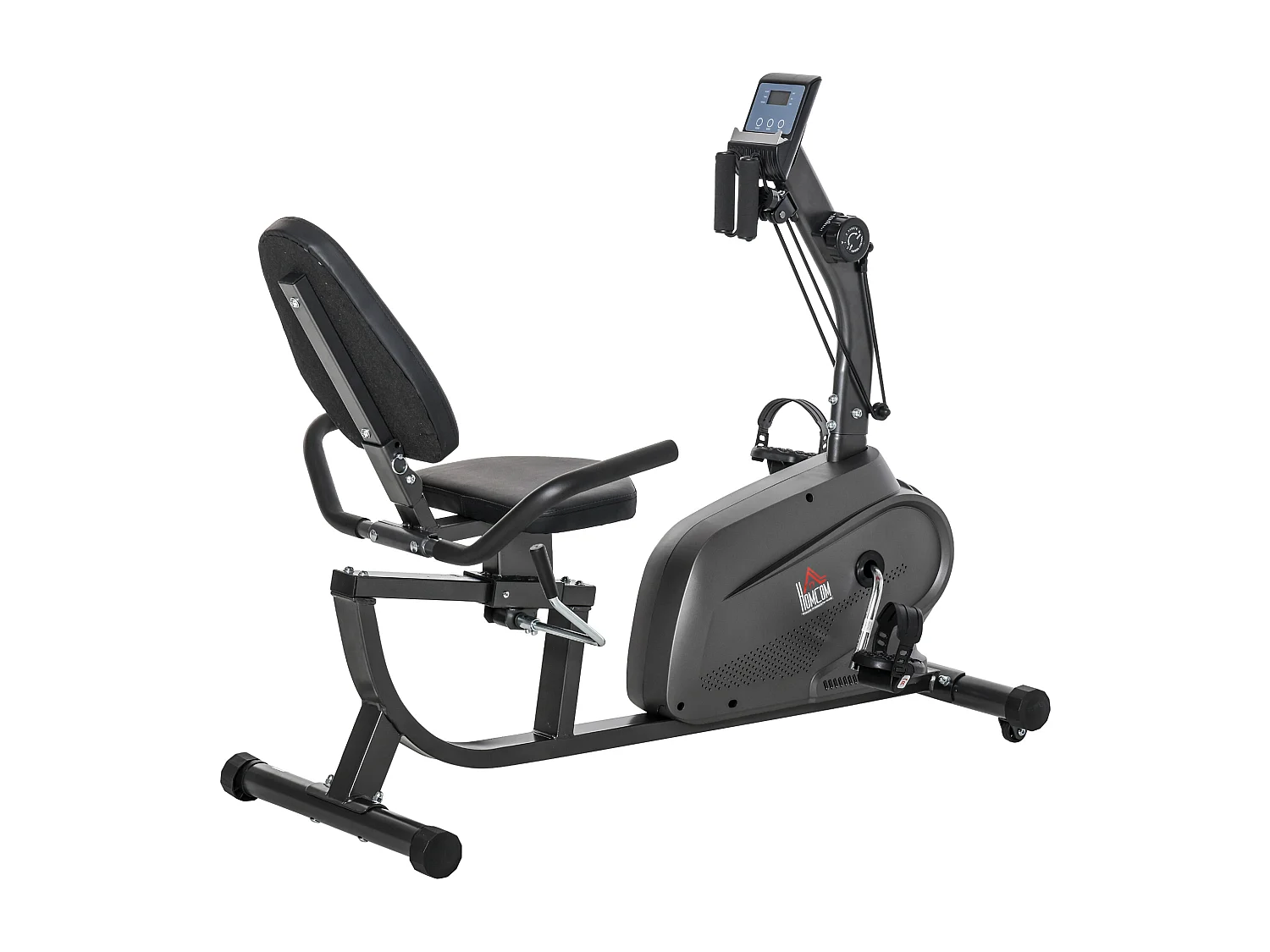 Vélo d'appartement semi-allongé magnétique écran LCD multifonction selle réglable 2 bandes résistance acier noir