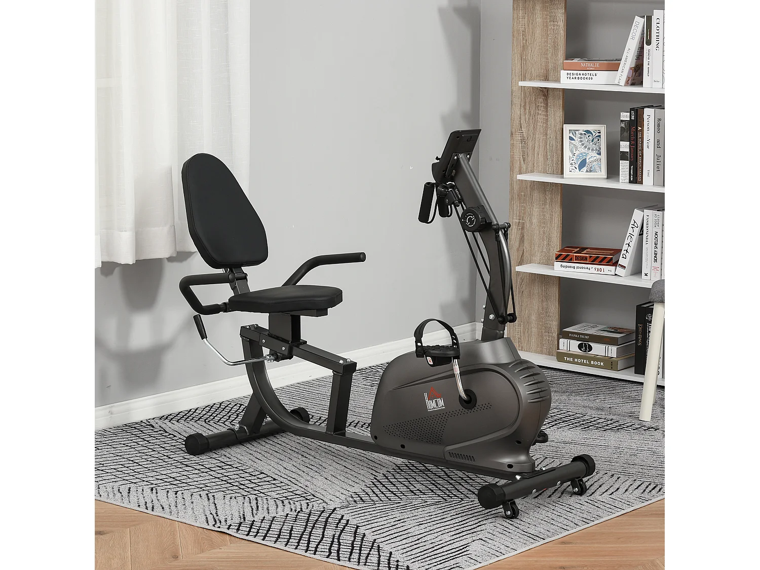 Vélo d'appartement semi-allongé magnétique écran LCD multifonction selle réglable 2 bandes résistance acier noir