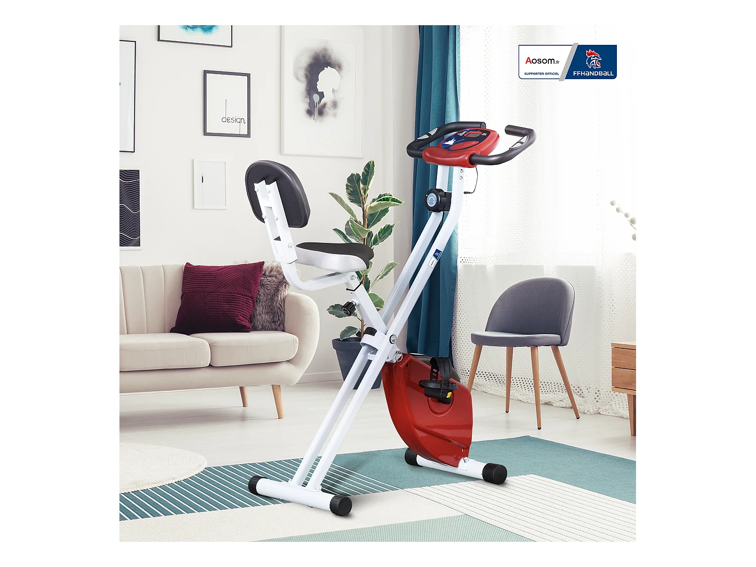 Vélo d'appartement pliable - collaboration Aosom.fr x FFHandball - 8 niv. résistance magnétique réglable - rouge