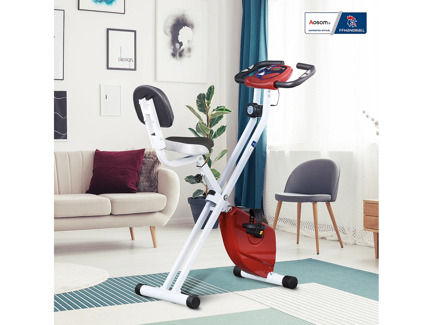Vélo d'appartement pliable - collaboration Aosom.fr x FFHandball - 8 niv. résistance magnétique réglable - rouge