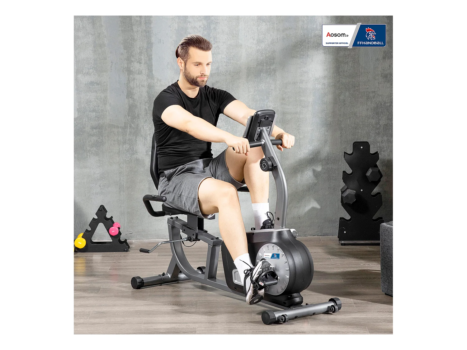 Vélo d'appartement semi-allongé magnétique réglable écran LCD - collaboration Aosom.fr x FFHandball - acier ABS gris noir
