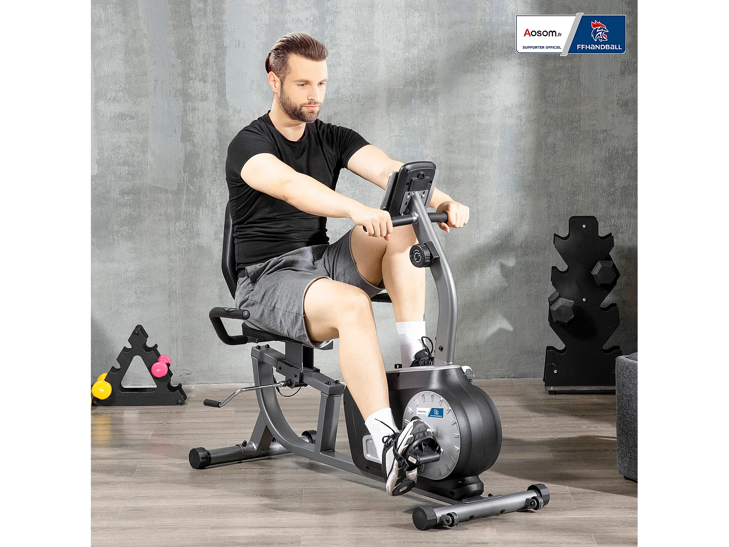 Vélo d'appartement semi-allongé magnétique réglable écran LCD - collaboration Aosom.fr x FFHandball - acier ABS gris noir