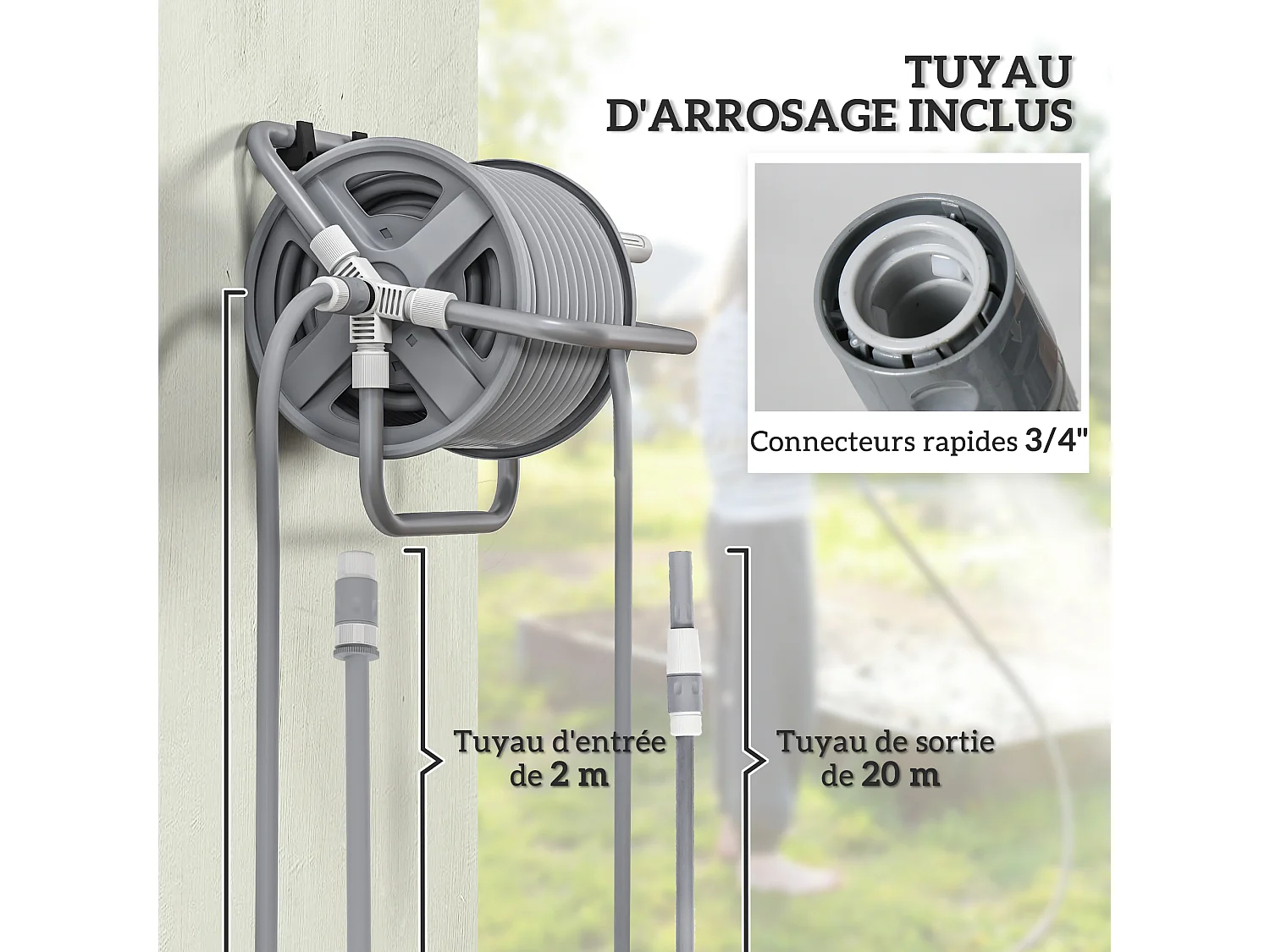 Dévidoir sur pied ou mural - enrouleur tuyau 20 + 2 m - lance arrosage réglable - support mural intégré - gris