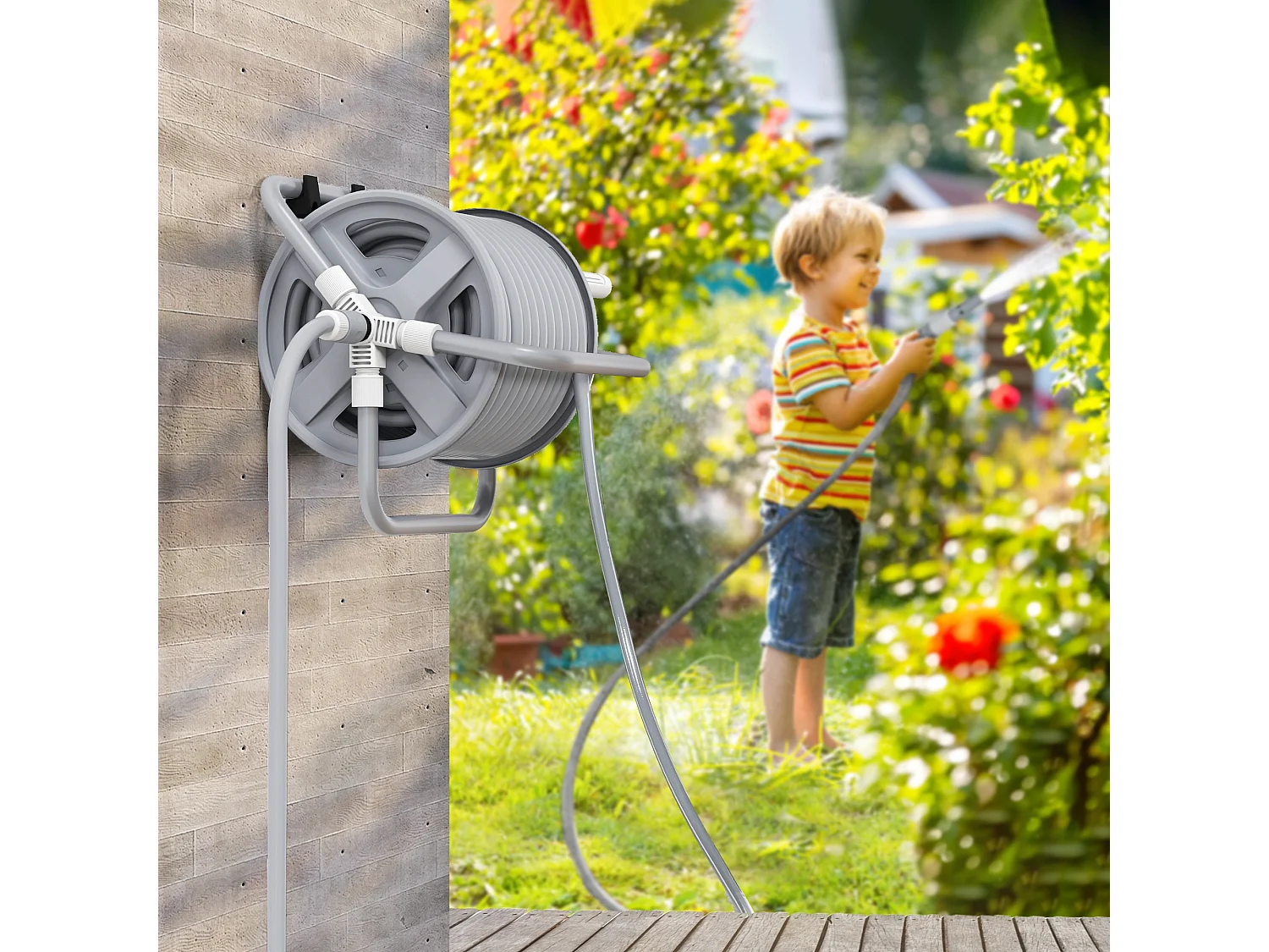 Dévidoir sur pied ou mural - enrouleur tuyau 20 + 2 m - lance arrosage réglable - support mural intégré - gris
