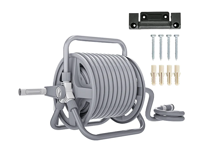 Dévidoir sur pied ou mural - enrouleur tuyau 20 + 2 m - lance arrosage réglable - support mural intégré - gris
