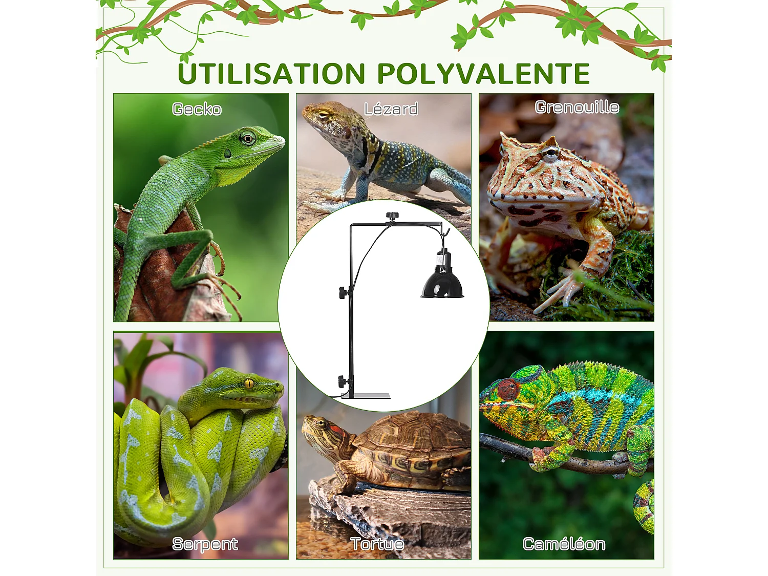 Support de lampe chauffante pour reptile - hauteur largeur réglables - acier noir