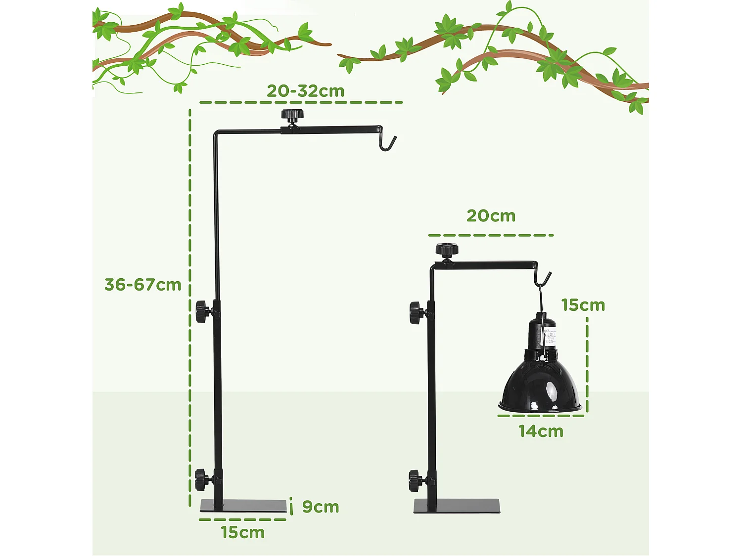 Support de lampe chauffante pour reptile - hauteur largeur réglables - acier noir