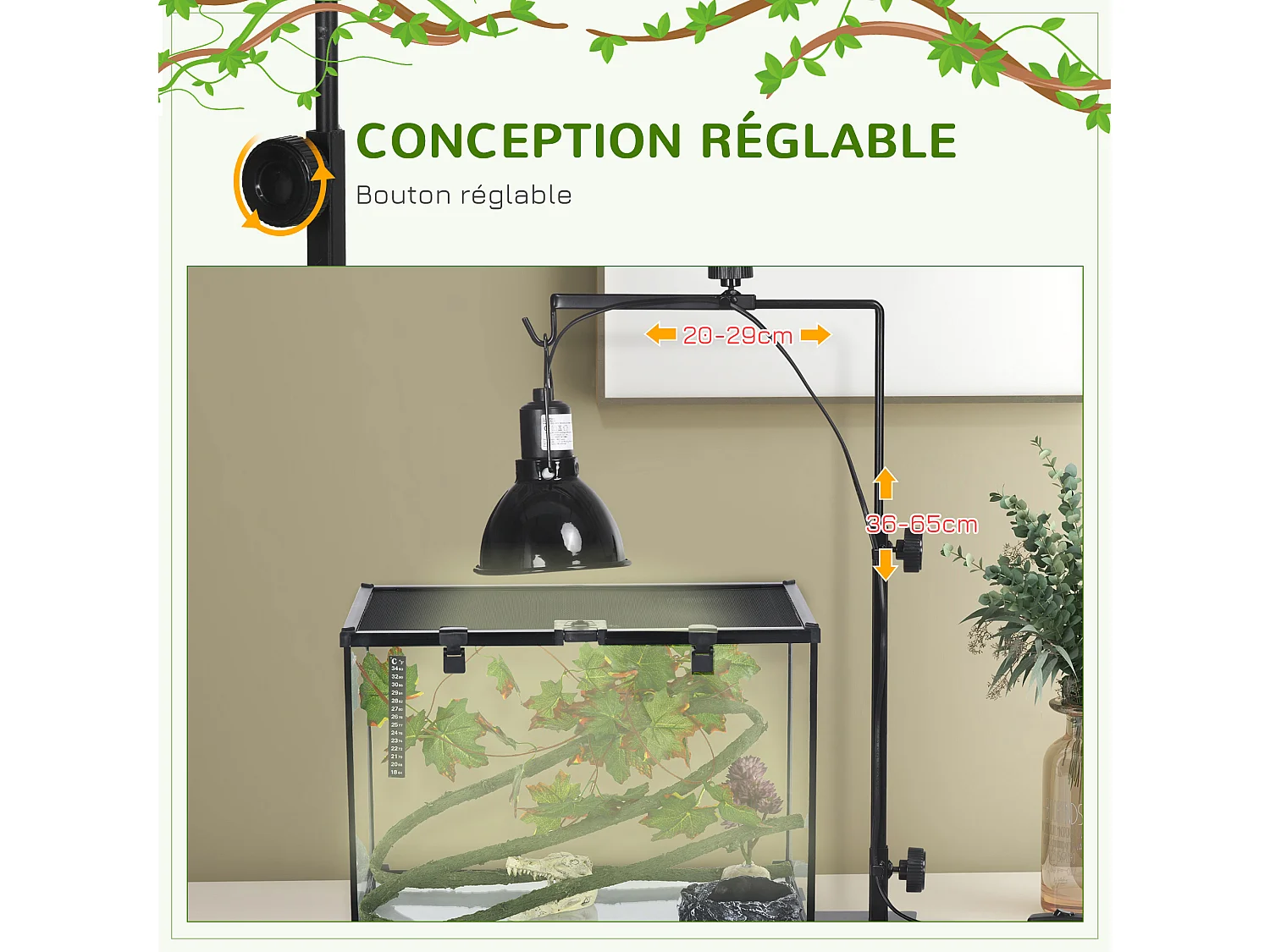 Support de lampe chauffante pour reptile - hauteur largeur réglables - acier noir