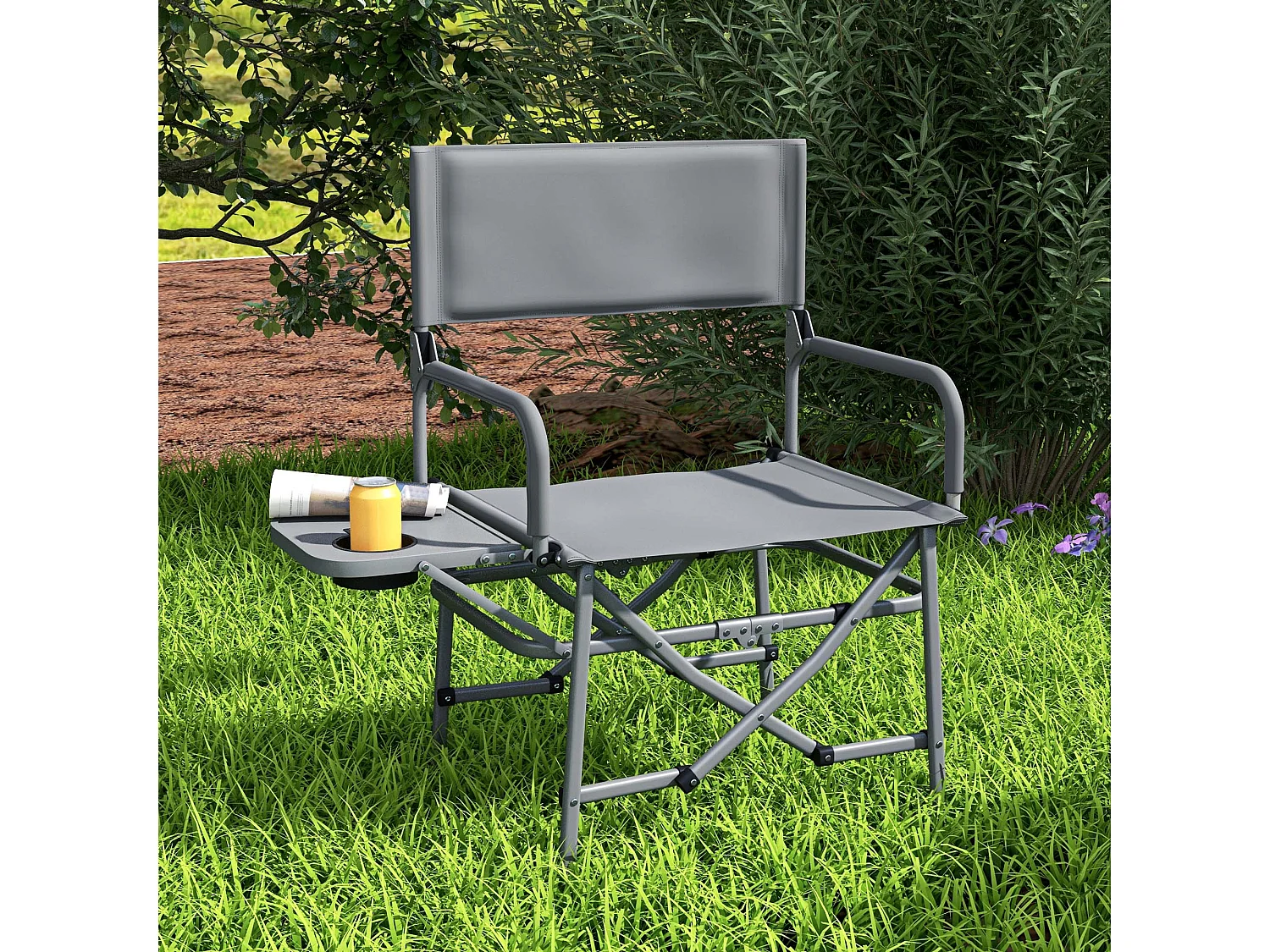 Chaise de camping plage pliable - plateau porte-gobelet - métal oxford gris