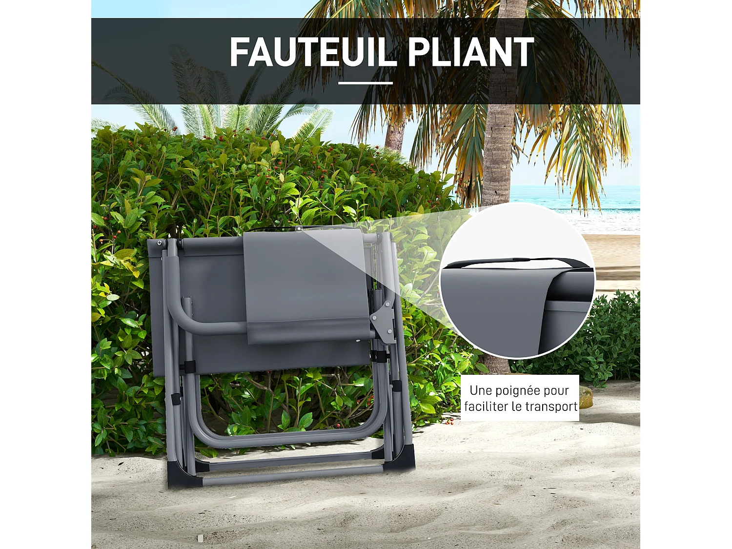 Chaise de camping plage pliable - plateau porte-gobelet - métal oxford gris