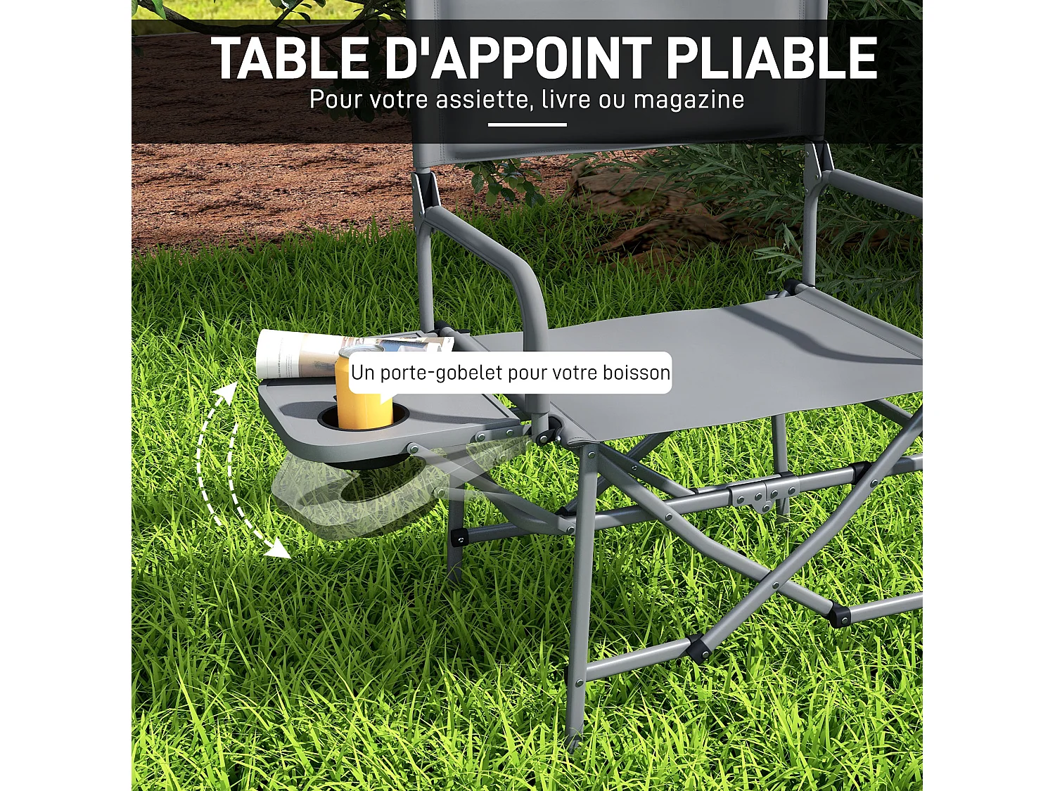 Chaise de camping plage pliable - plateau porte-gobelet - métal oxford gris