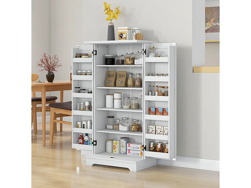 Buffet armoire de cuisine 5 niveaux réglables - 2 portes avec 12 porte-épices - aspect bois blanc cassé