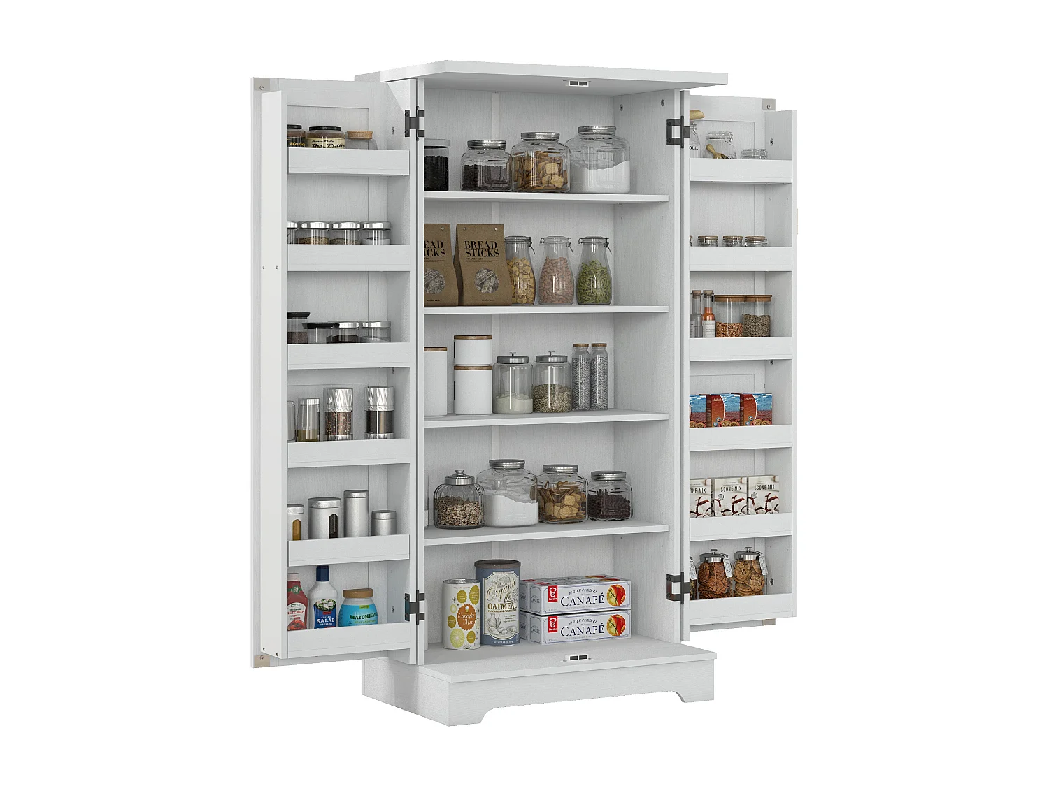 Buffet armoire de cuisine 5 niveaux réglables - 2 portes avec 12 porte-épices - aspect bois blanc cassé