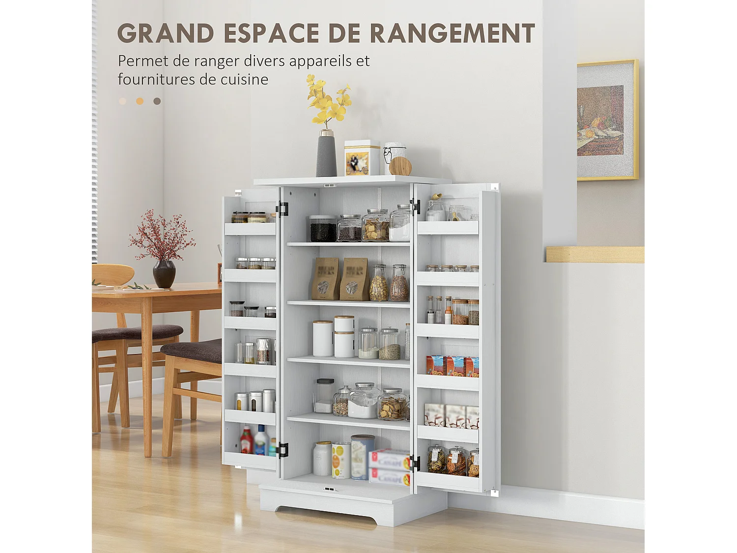 Buffet armoire de cuisine 5 niveaux réglables - 2 portes avec 12 porte-épices - aspect bois blanc cassé