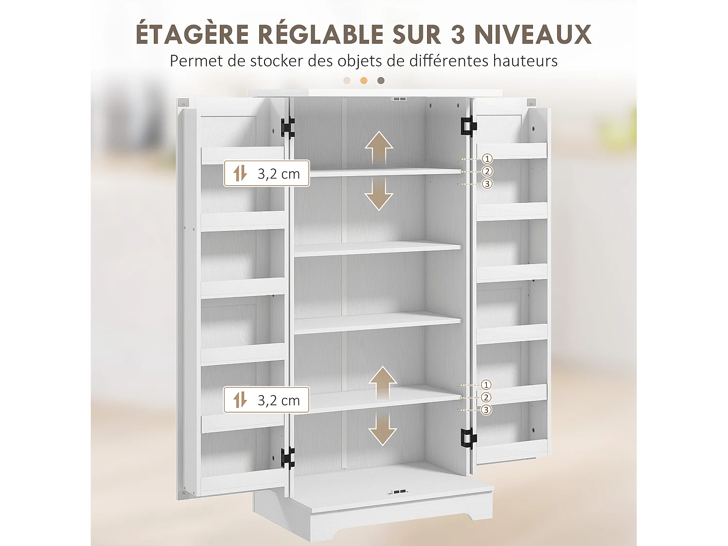 Buffet armoire de cuisine 5 niveaux réglables - 2 portes avec 12 porte-épices - aspect bois blanc cassé