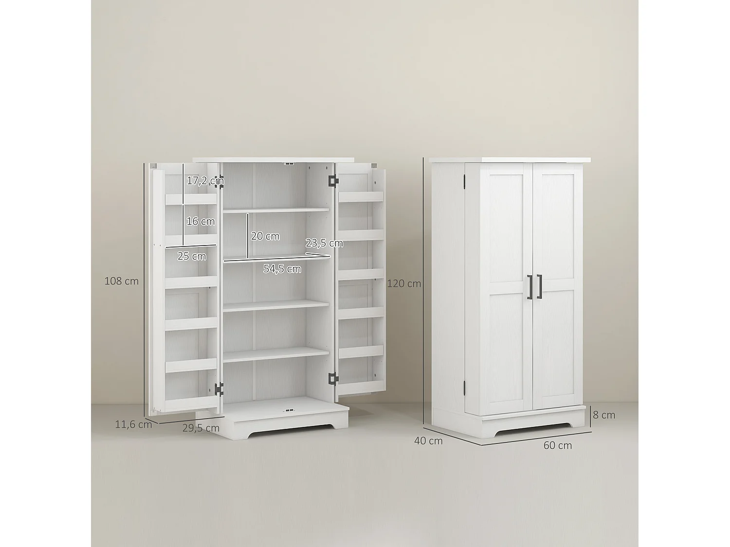 Buffet armoire de cuisine 5 niveaux réglables - 2 portes avec 12 porte-épices - aspect bois blanc cassé