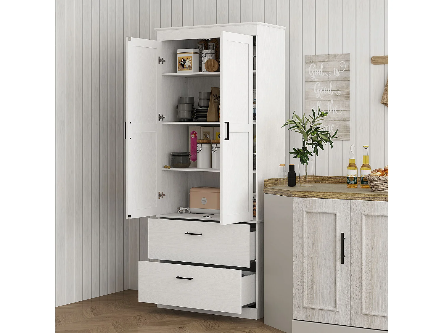 Buffet haut cuisine - 2 portes, 3 étagères, 2 tiroirs - poignées métal noir aspect bois blanc cassé