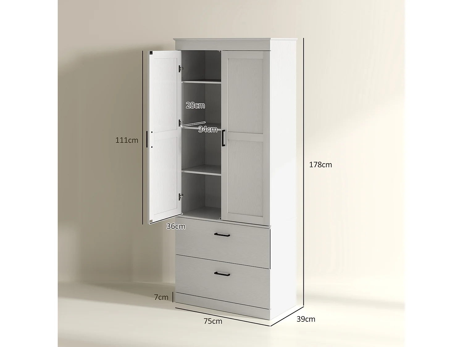 Buffet haut cuisine - 2 portes, 3 étagères, 2 tiroirs - poignées métal noir aspect bois blanc cassé