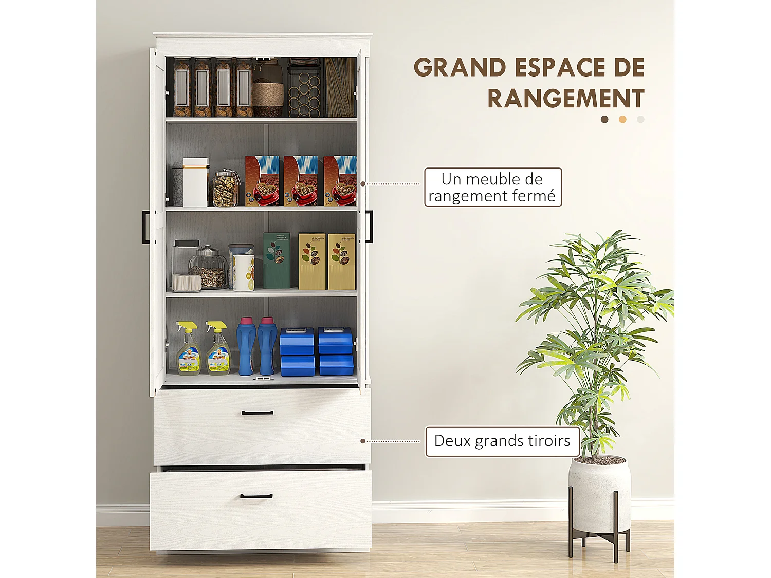 Buffet haut cuisine - 2 portes, 3 étagères, 2 tiroirs - poignées métal noir aspect bois blanc cassé