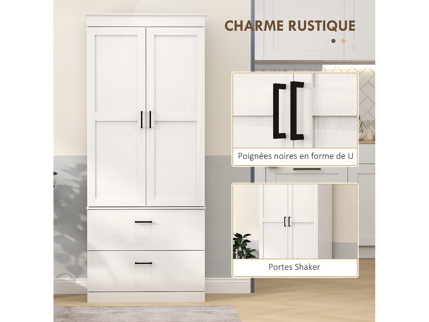 Buffet haut cuisine - 2 portes, 3 étagères, 2 tiroirs - poignées métal noir aspect bois blanc cassé