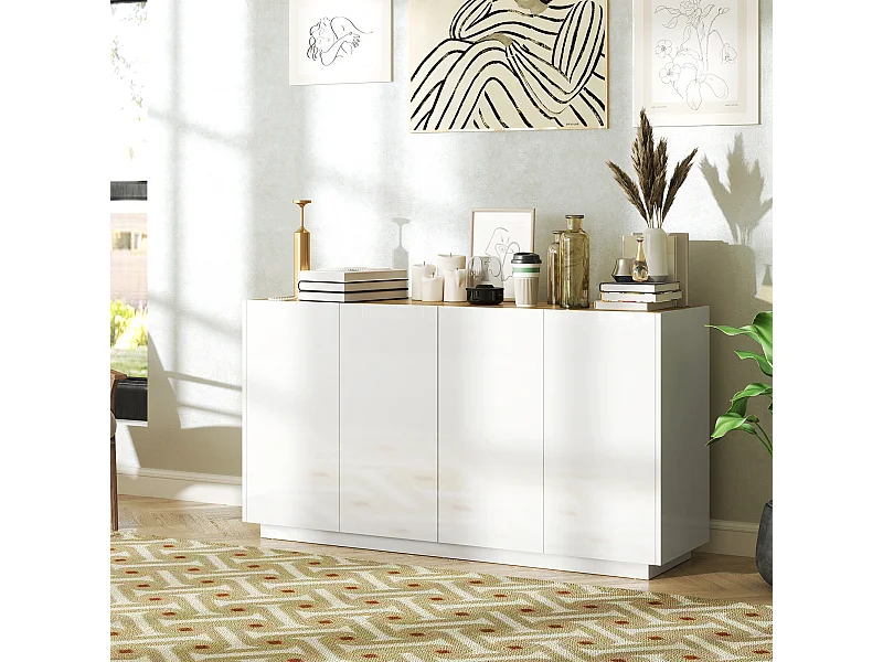 Buffet design contemporain blanc laqué plateau aspect bois clair - dim. 140L x 40l x 75H cm - 4 portes, 2 étagères