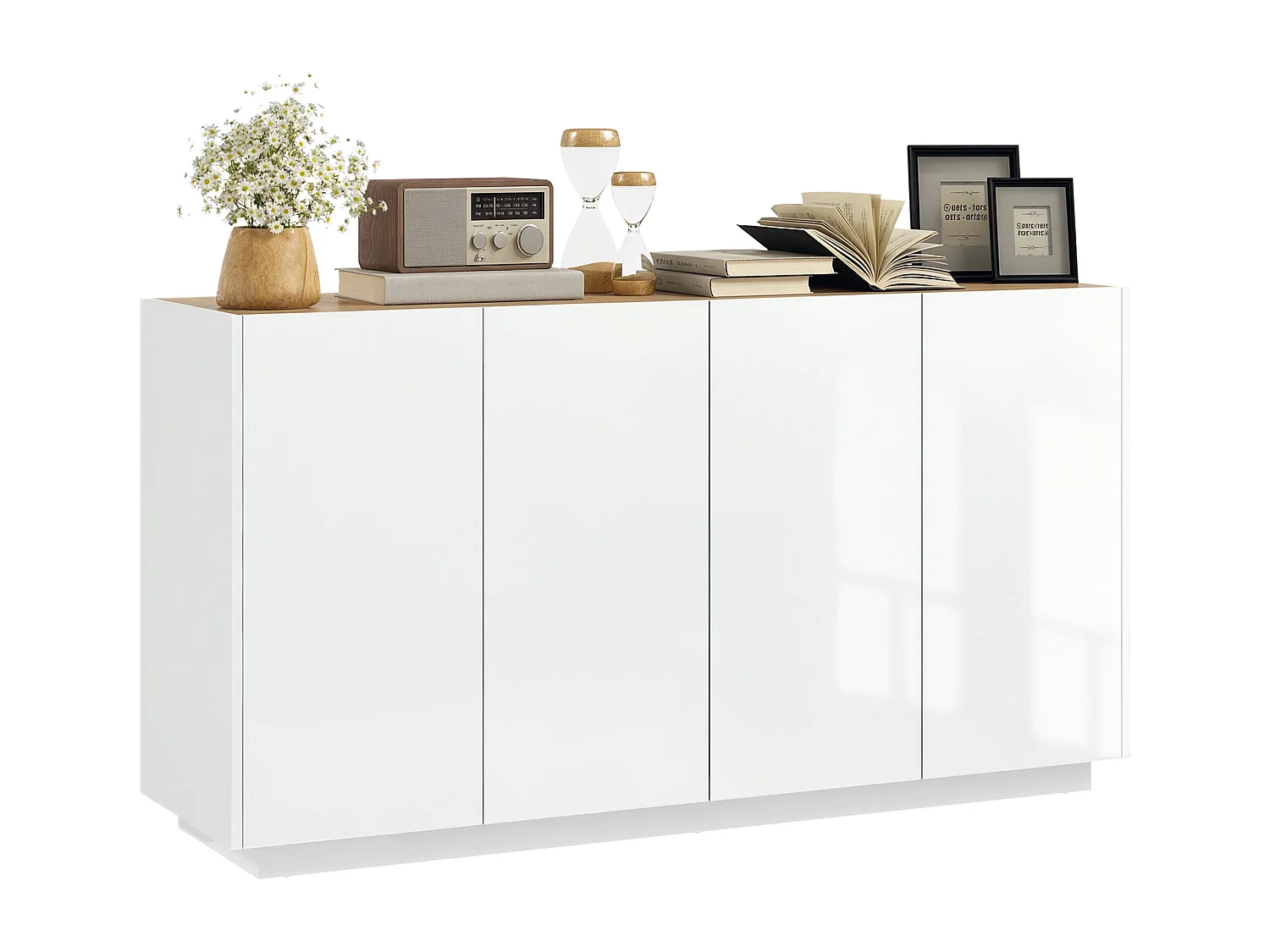 Buffet design contemporain blanc laqué plateau aspect bois clair - dim. 140L x 40l x 75H cm - 4 portes, 2 étagères