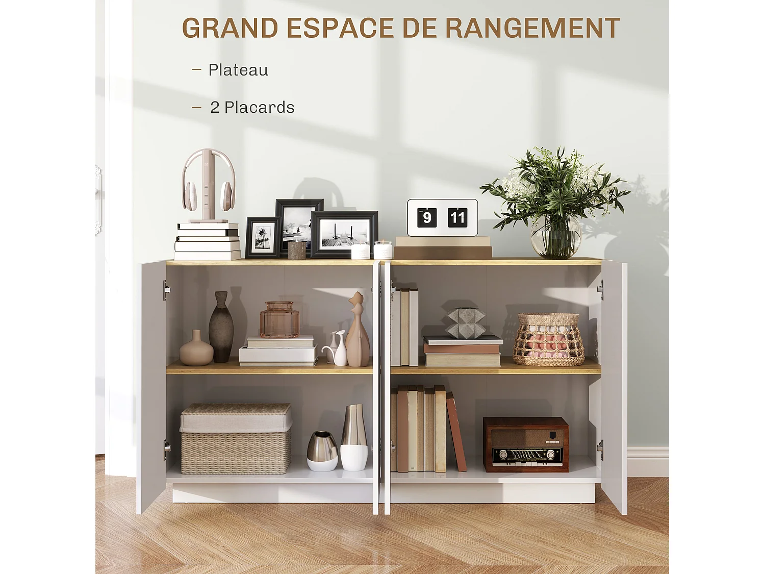 Buffet design contemporain blanc laqué plateau aspect bois clair - dim. 140L x 40l x 75H cm - 4 portes, 2 étagères