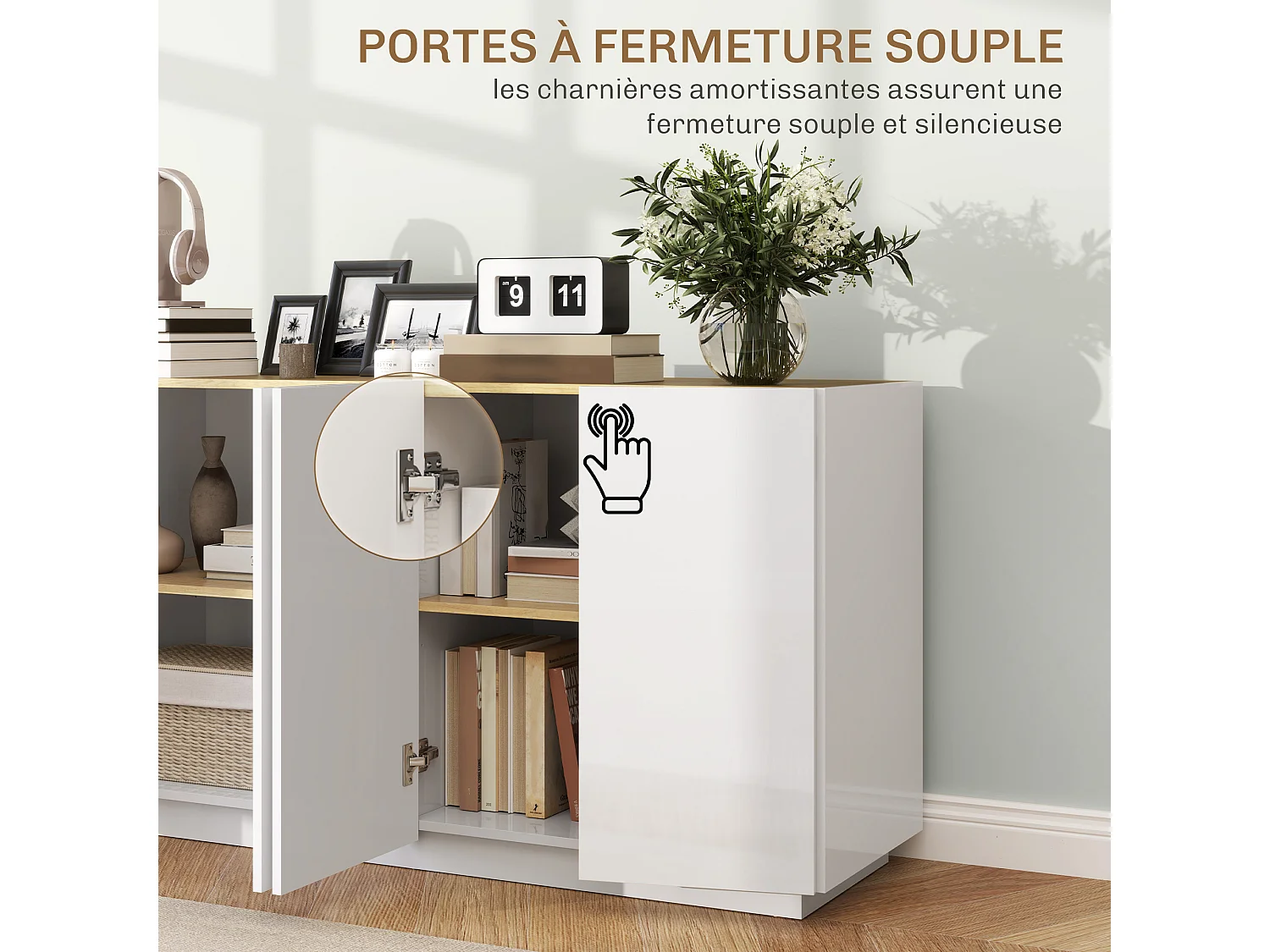 Buffet design contemporain blanc laqué plateau aspect bois clair - dim. 140L x 40l x 75H cm - 4 portes, 2 étagères